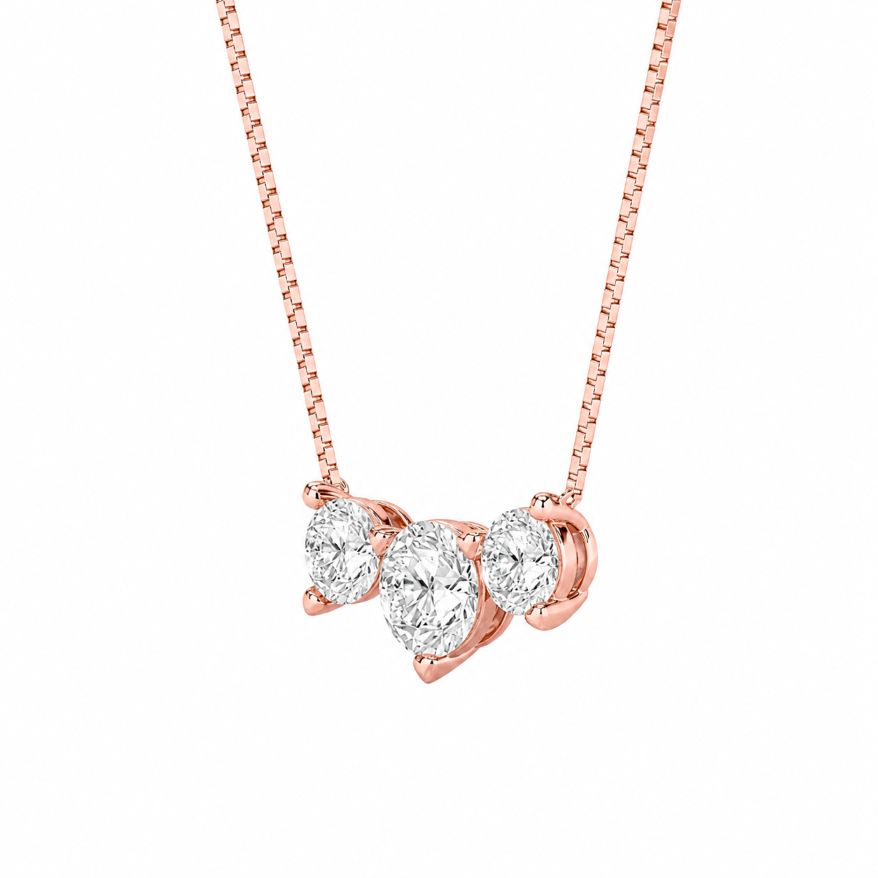 2 Ct Round (F/VS) Lab Grown Diamond Prong 14K Rose Gold Three-Stone Past Present Future Pendant Necklace