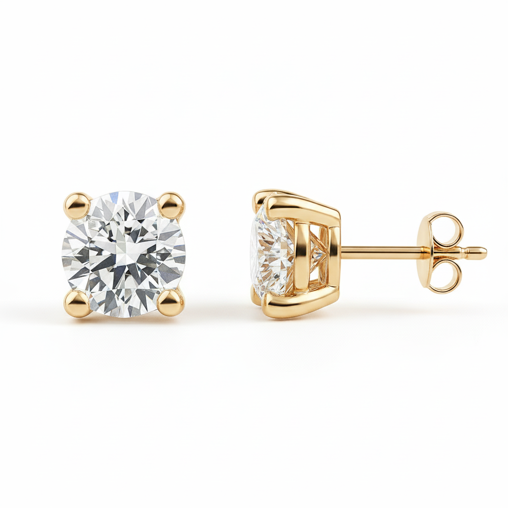 IGI Certified Round Lab Grown Diamond Stud Earrings Yellow Gold