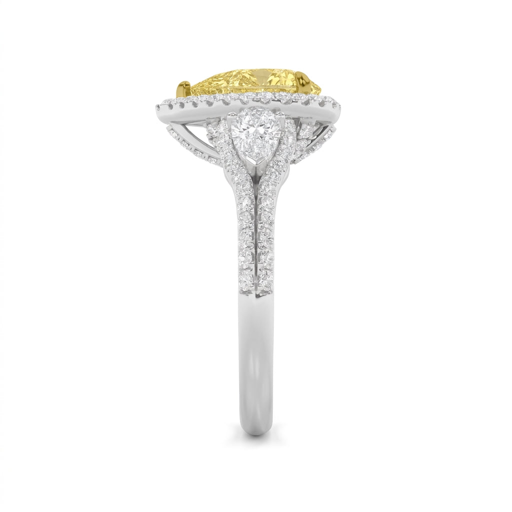 3Cttw Pear Shaped Yellow Lab Grown Diamond (F/VS) Three Stone Bold Accented Engagement Ring in 14K Gold