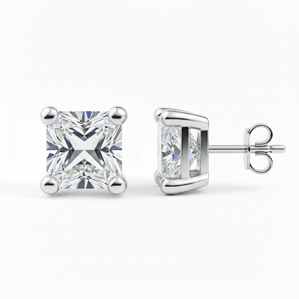 IGI Certified Princess Cut Lab Grown Diamond Solitaire Stud Earrings White Gold