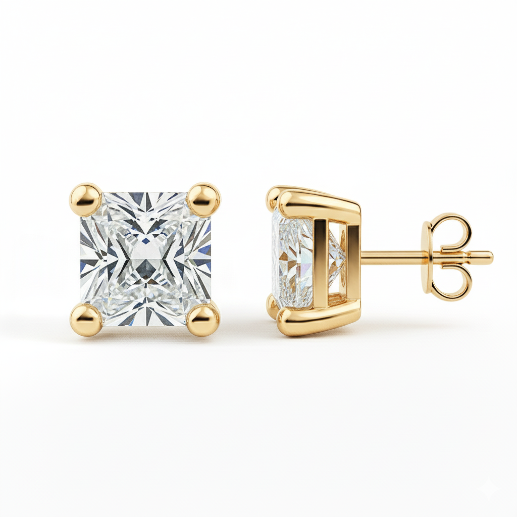 IGI Certified Princess Cut Lab Grown Diamond Solitaire Stud Earrings Yellow Gold