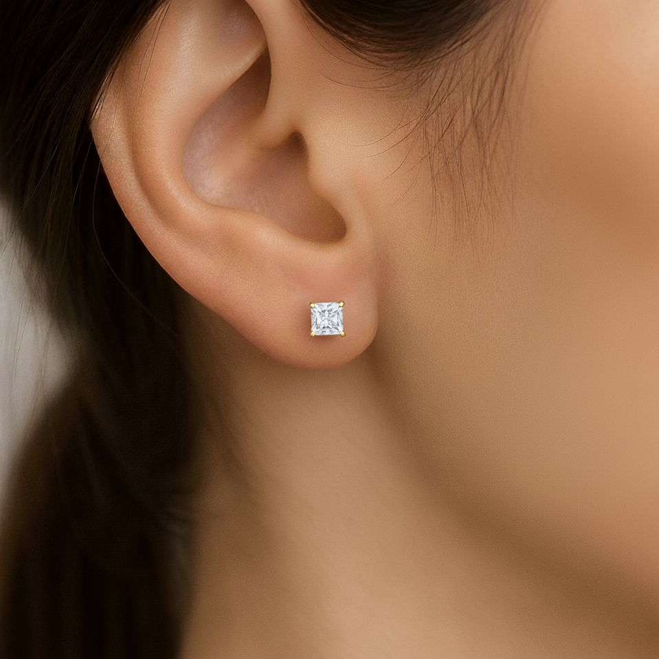 IGI Certified Princess Cut Lab Grown Diamond Solitaire Stud Earrings Yellow Gold