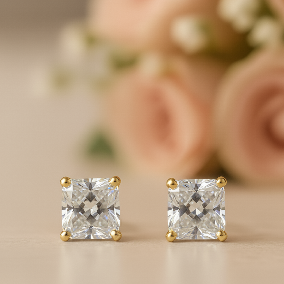 IGI Certified Princess Cut Lab Grown Diamond Solitaire Stud Earrings Yellow Gold