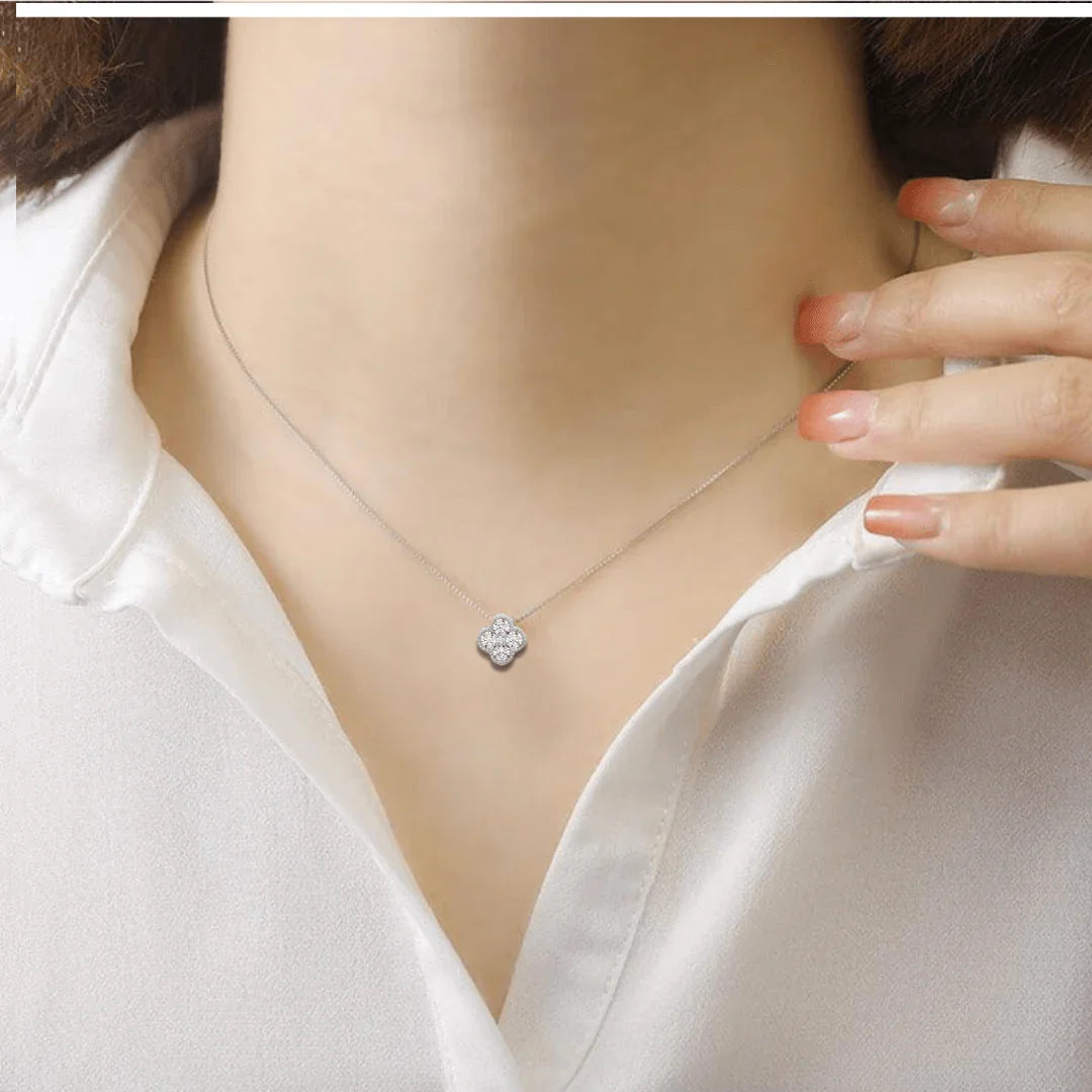 14K White Gold Four Leaf Clover Charm Pendant - Fine Diamond