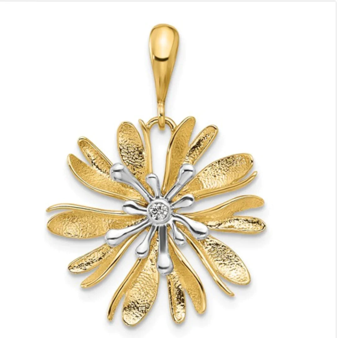 14K Two-Tone Gold Natural Diamond Flower Pendant - Fine Diamond