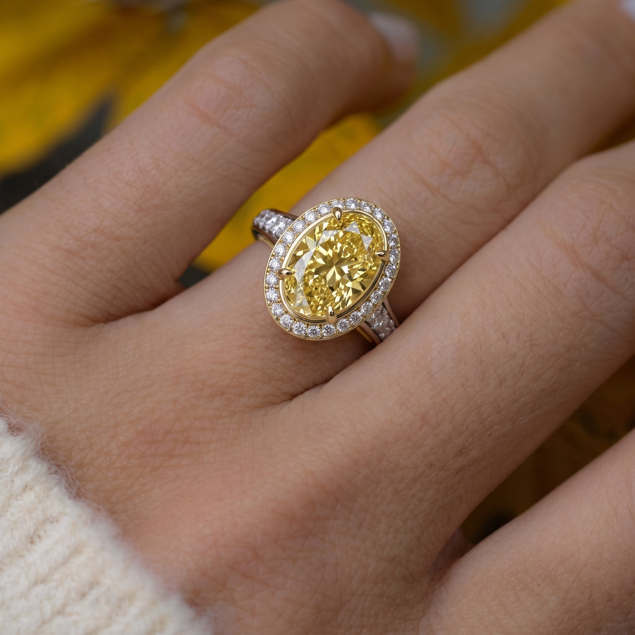 3.5Cttw Oval Shaped Yellow Lab Grown Diamond (F/VS) Bold Accented Statement Engagement Ring in 14K Gold