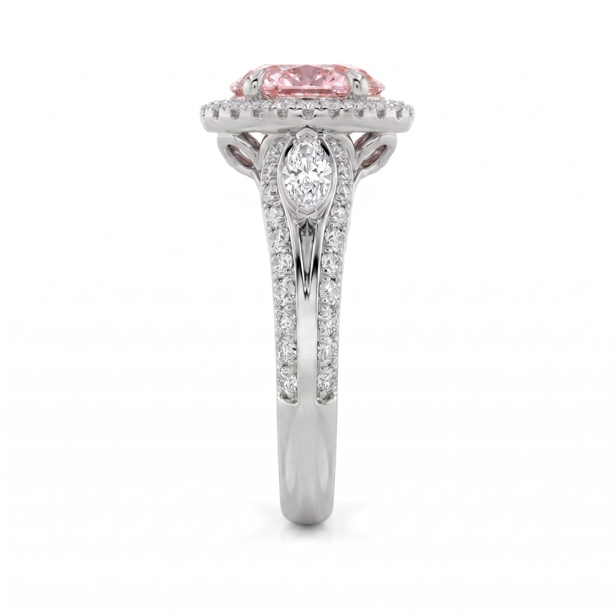 3Cttw Oval Shaped Pink Lab Grown Diamond (F/VS) Three Stone Halo Engagement Ring in 14K Gold