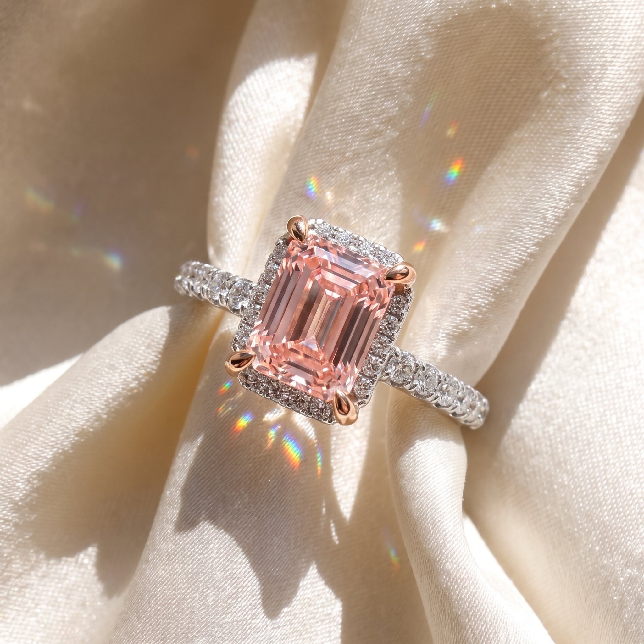 2Cttw Emerald Shaped Pink Lab Grown Diamond (F/VS) Halo Accented Engagement Ring in 14K Gold