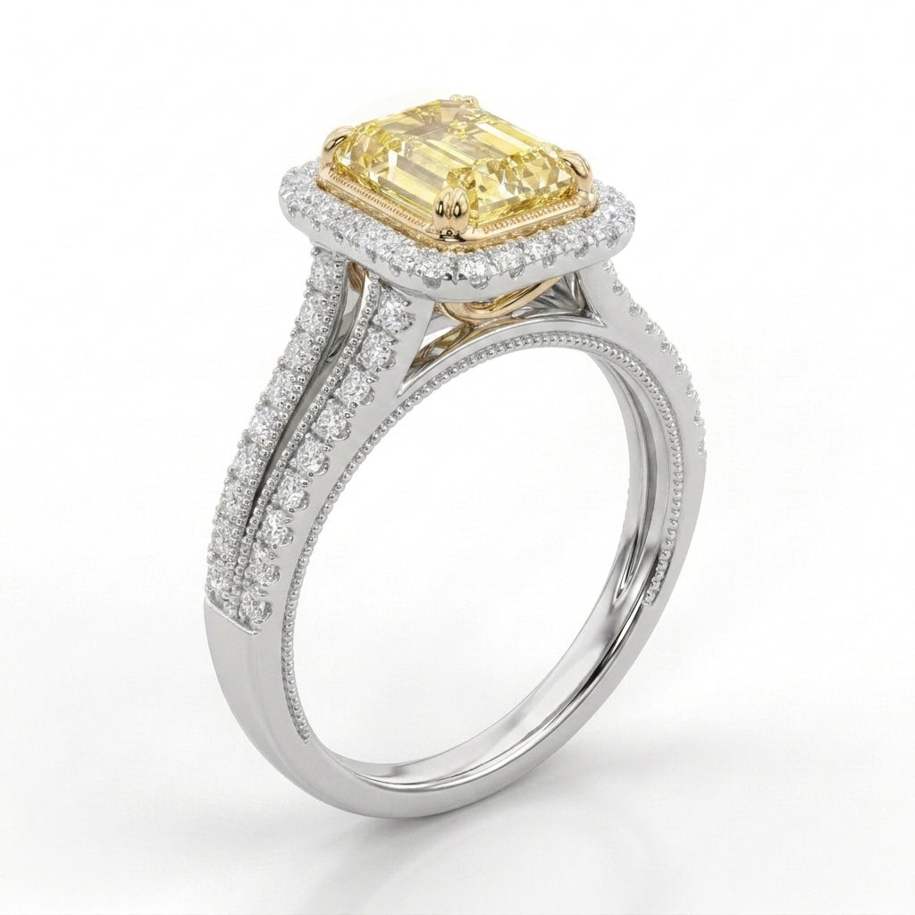 2.5Cttw Radiant Shaped Fancy Yellow Lab Grown Diamond (F/VS) Split Shank Engagement Halo Ring in 14K Gold