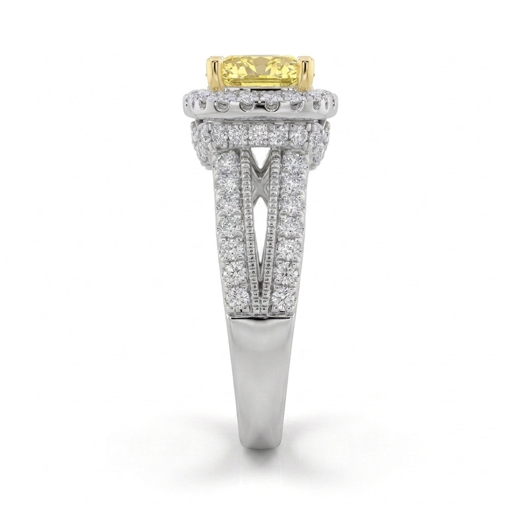 2.5Cttw Radiant Shaped Fancy Yellow Lab Grown Diamond (F/VS) Split Shank Engagement Halo Ring in 14K Gold