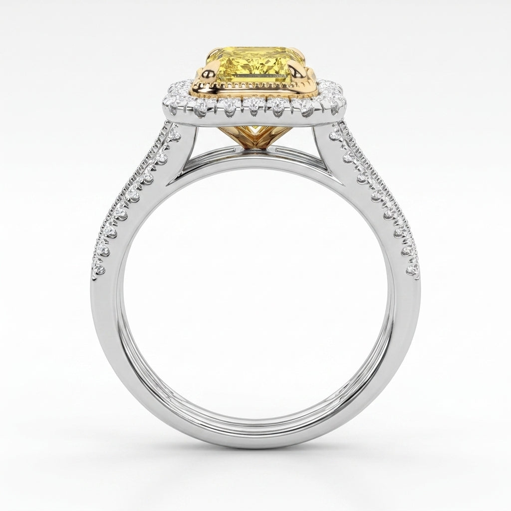 2.5Cttw Radiant Shaped Fancy Yellow Lab Grown Diamond (F/VS) Split Shank Engagement Halo Ring in 14K Gold