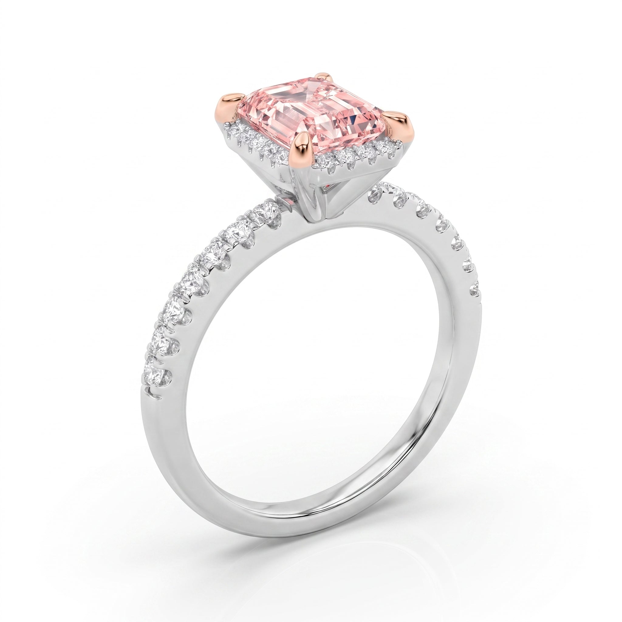 2Cttw Emerald Shaped Pink Lab Grown Diamond (F/VS) Halo Accented Engagement Ring in 14K Gold