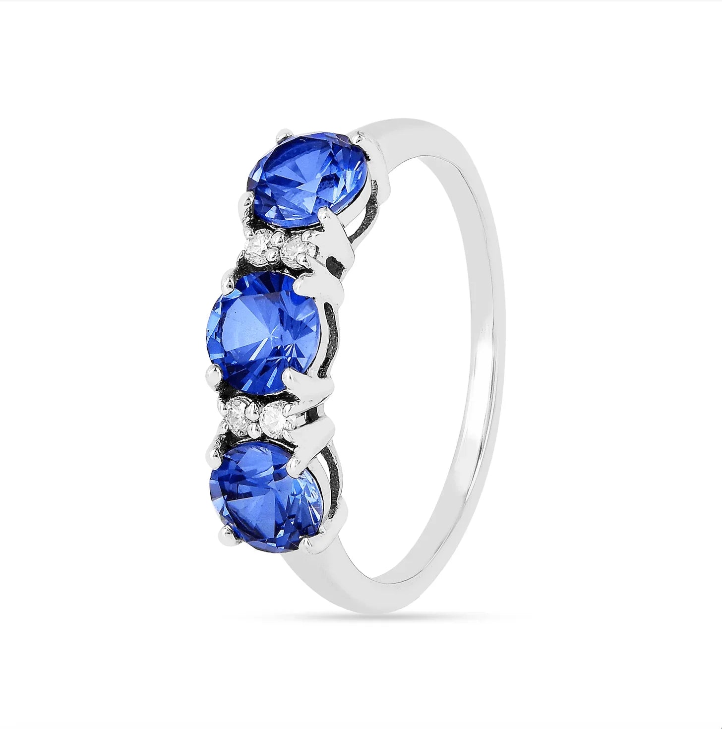 Three Stone Ceylon Blue Sapphire Ring - Fine Diamond
