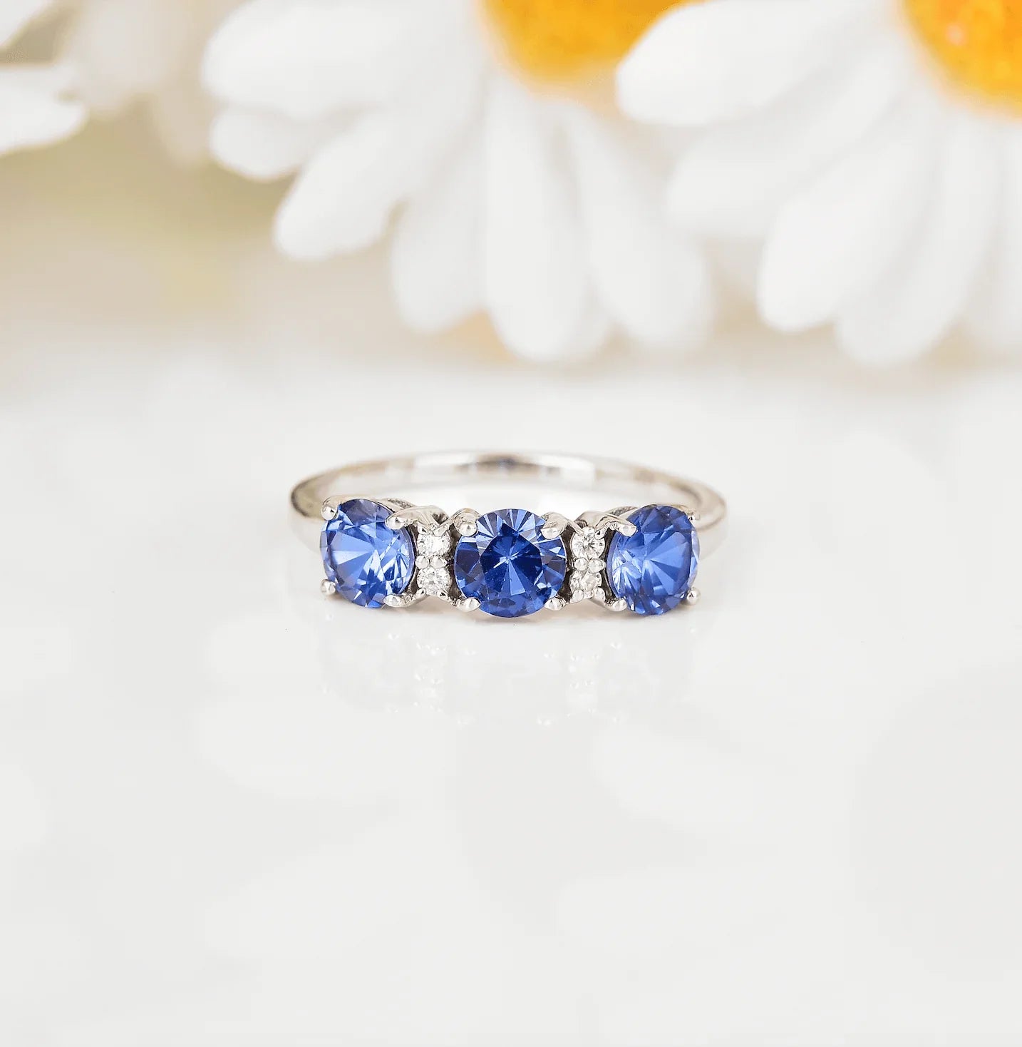 Three Stone Ceylon Blue Sapphire Ring - Fine Diamond