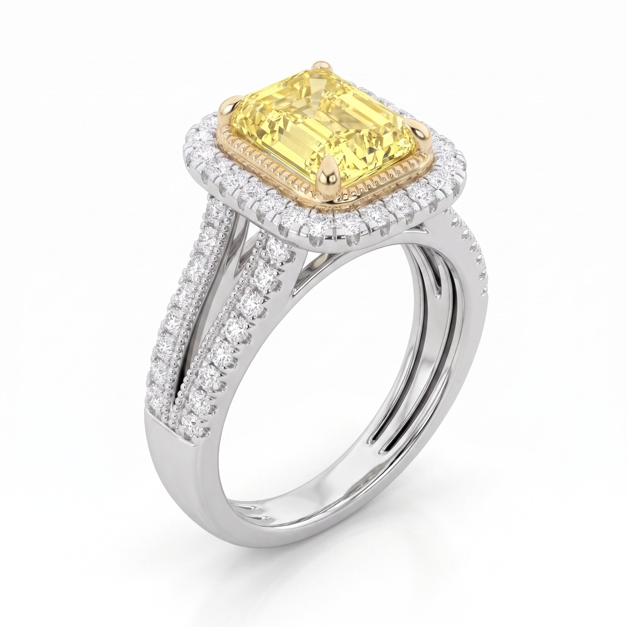 2.5Cttw Radiant Shaped Fancy Yellow Lab Grown Diamond (F/VS) Split Shank Halo Engagement Ring in 14K Gold