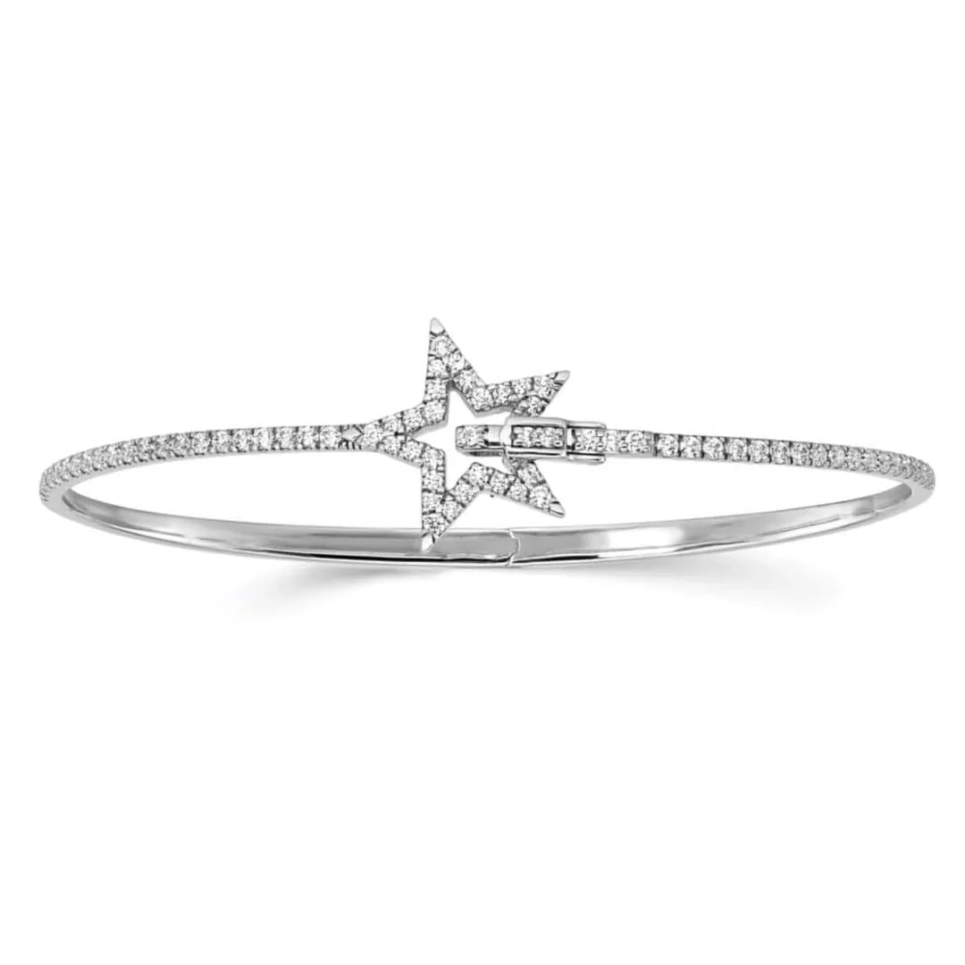 14k White Gold Lab Grown Diamond Star Hinged Bangle Bracelet - Fine Diamond