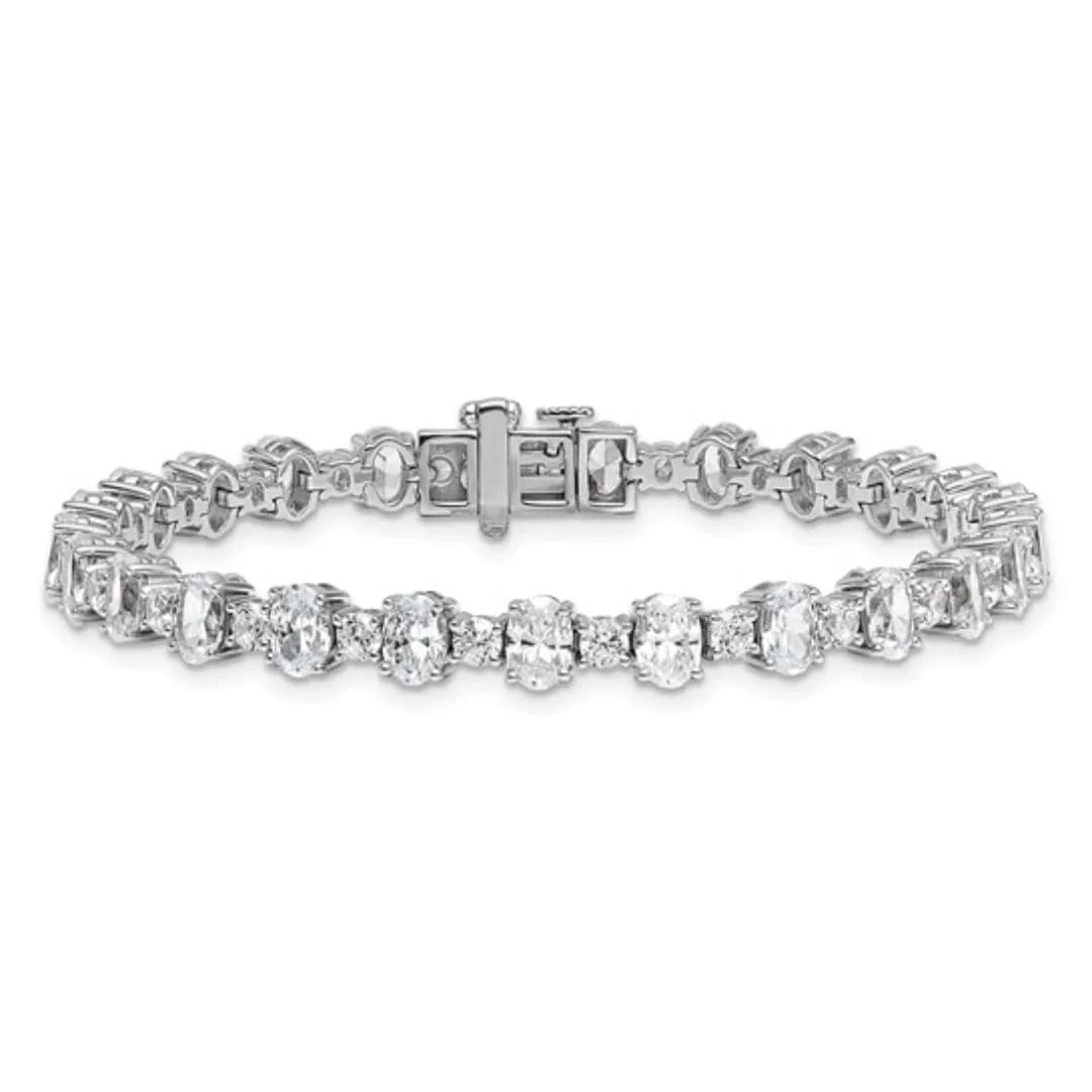 14k White Gold 11 carat Lab Diamond Round and Oval Fancy Tennis Bracelet - Fine Diamond