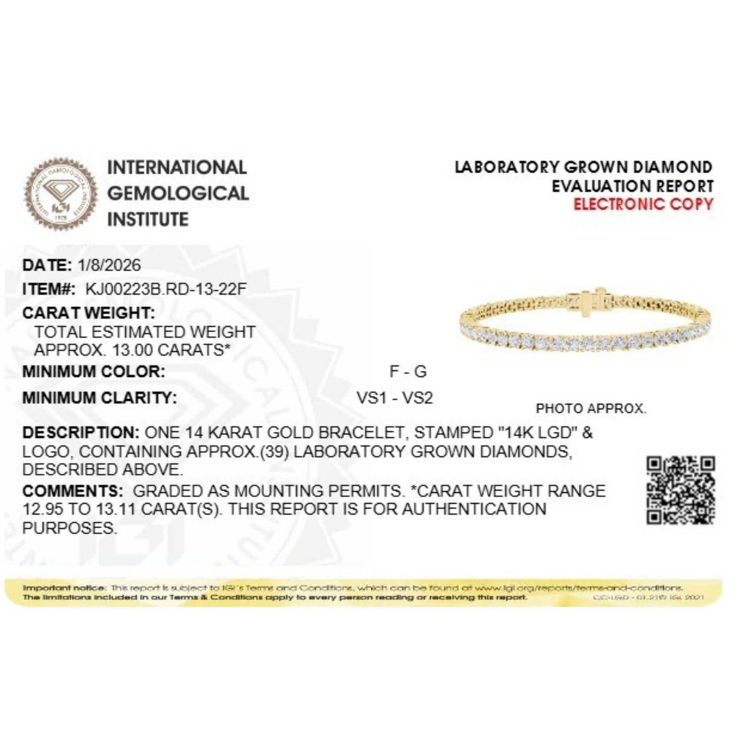 Round Shaped Lab Grown Diamond (F/VS) Classic Tennis Bracelet in 14K Gold