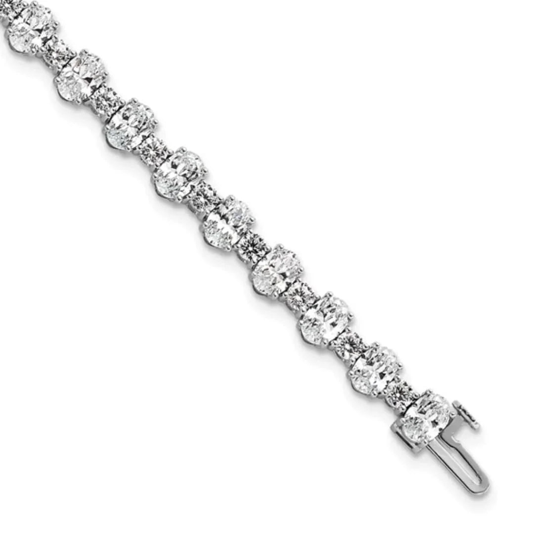 14k White Gold 11 carat Lab Diamond Round and Oval Fancy Tennis Bracelet - Fine Diamond