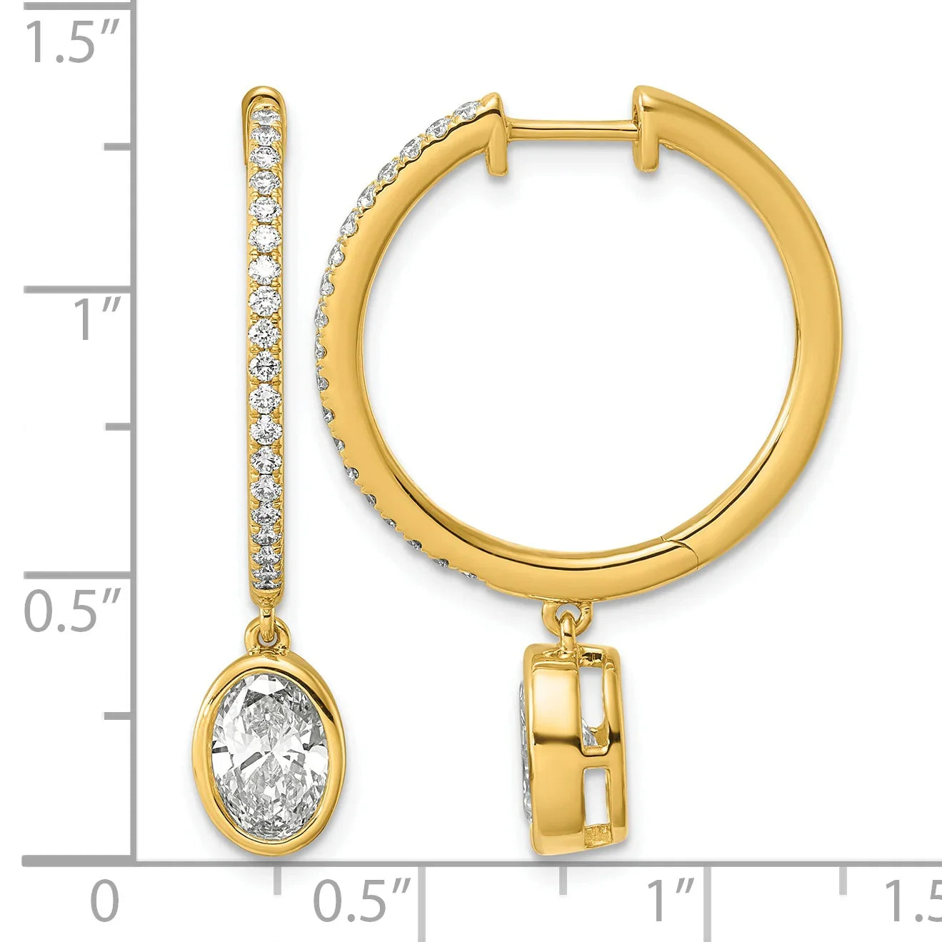 14k Yellow Gold Oval Bezel Dangle Lab Grown Diamond Hoop Earrings - Fine Diamond