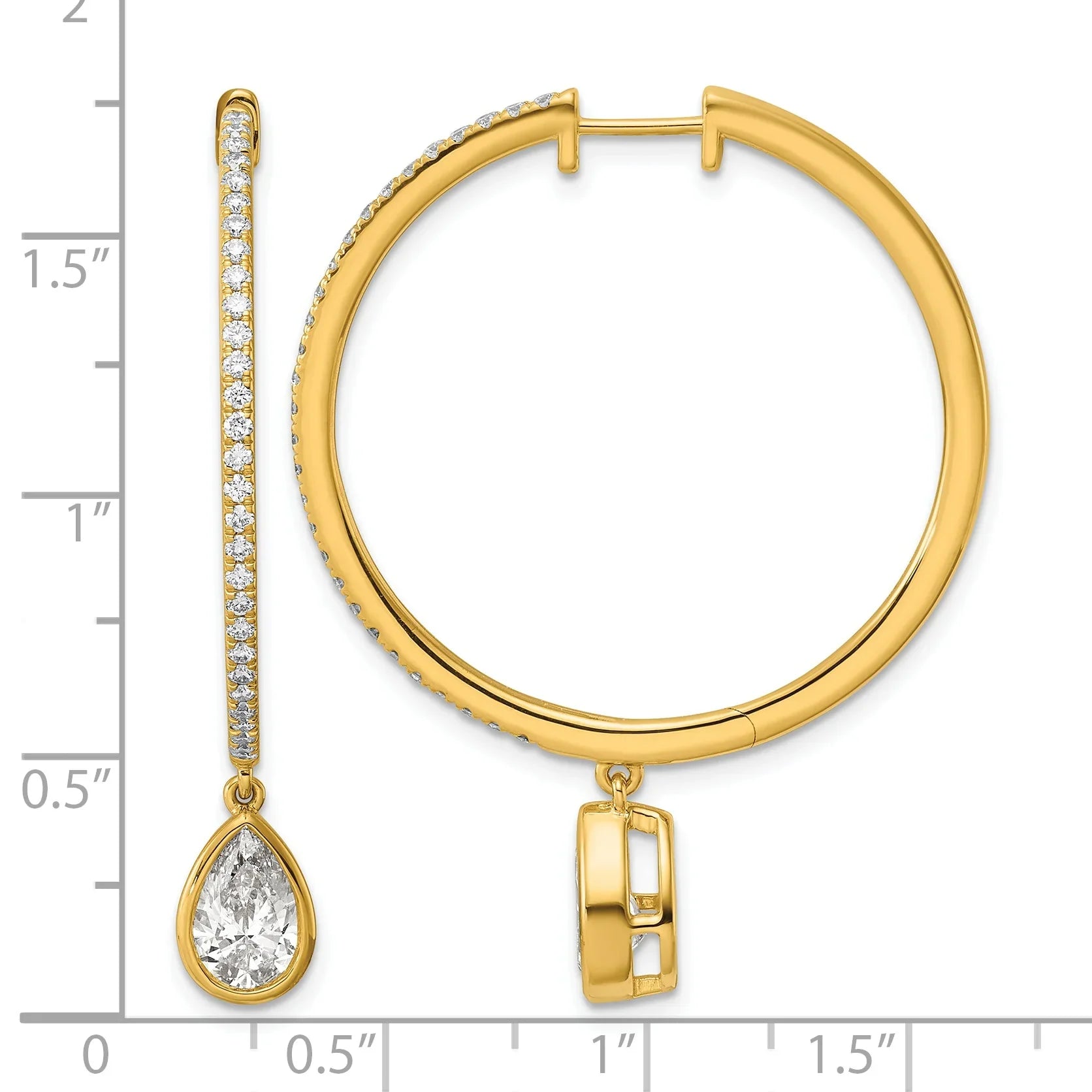 14k Yellow Gold Pear Bezel Dangle Lab Grown Diamond Hoop Earrings - Fine Diamond