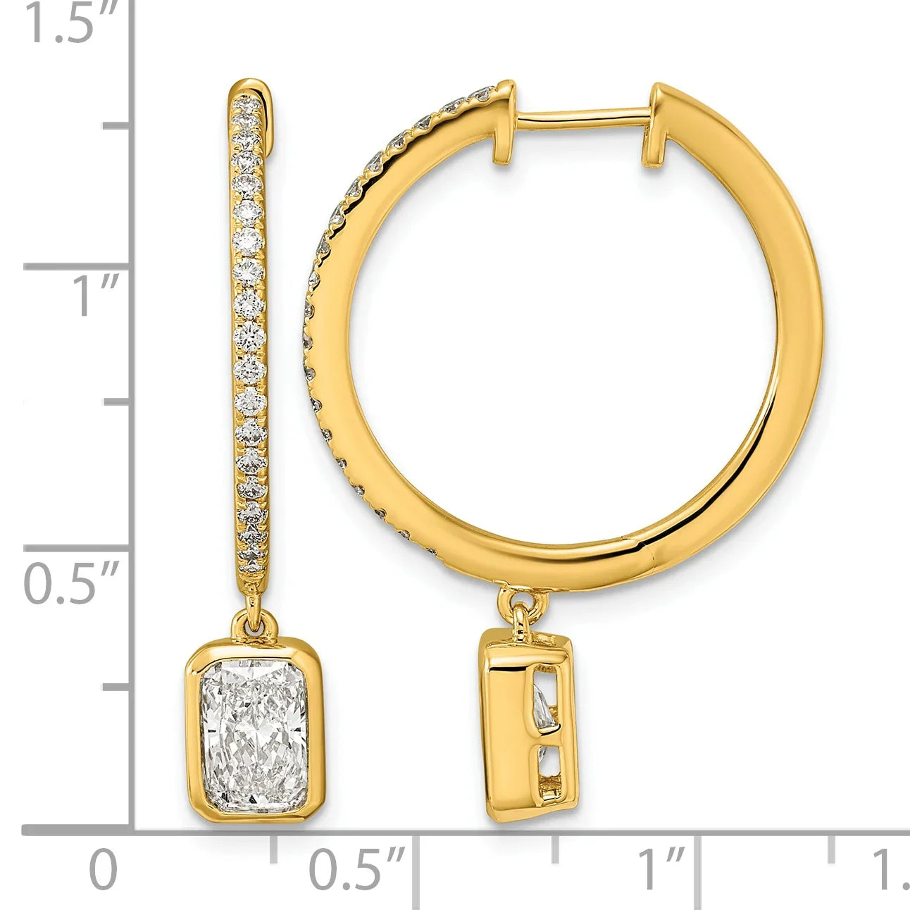 14k Yellow Emerald Bezel Dangle Lab Grown Diamond Hoop Earrings - Fine Diamond