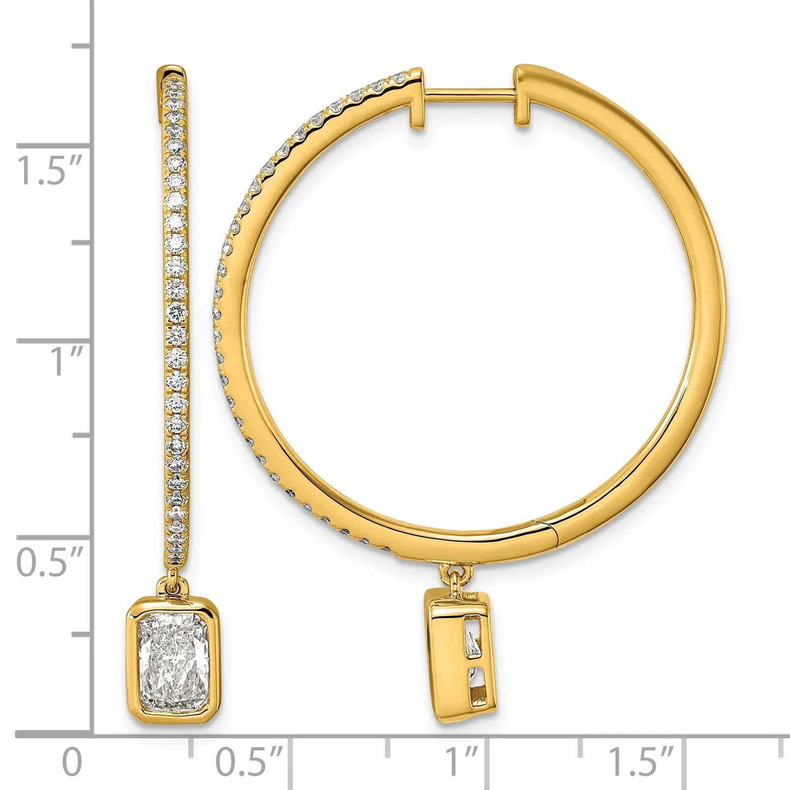 14k Yellow Gold Emerald Bezel Dangle Lab Diamond Hoop Earrings - Fine Diamond