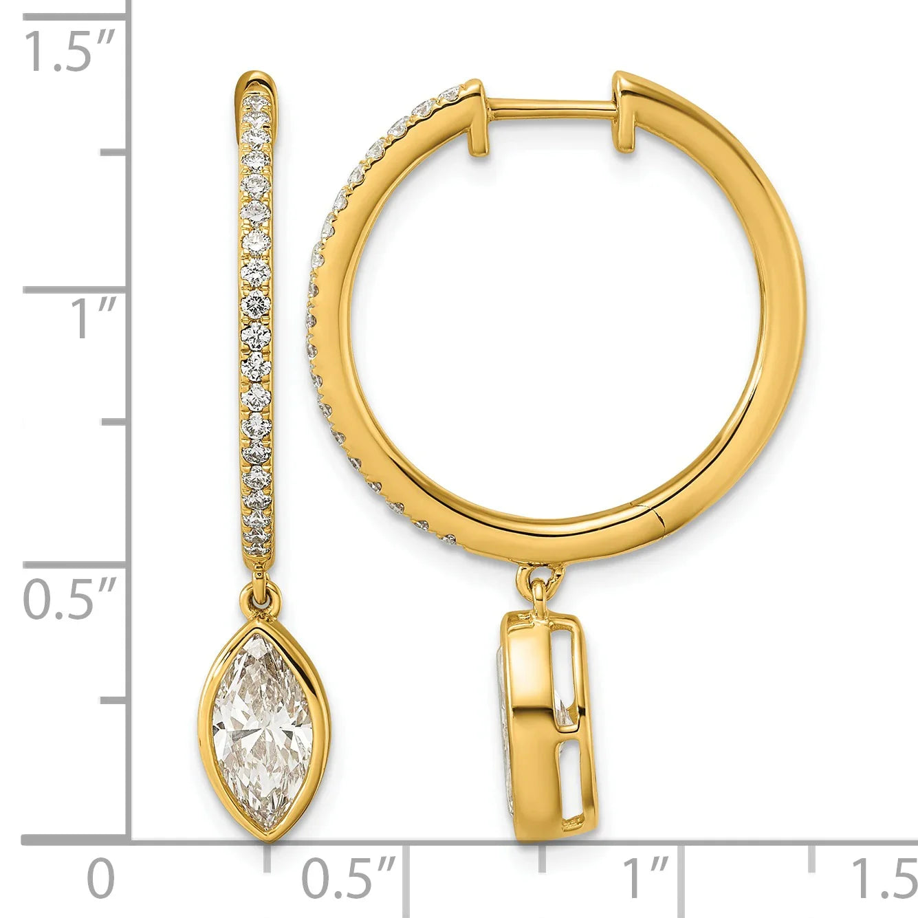 14k Yellow Gold Marquise Bezel Dangle Lab Diamond Hoop Earrings - Fine Diamond