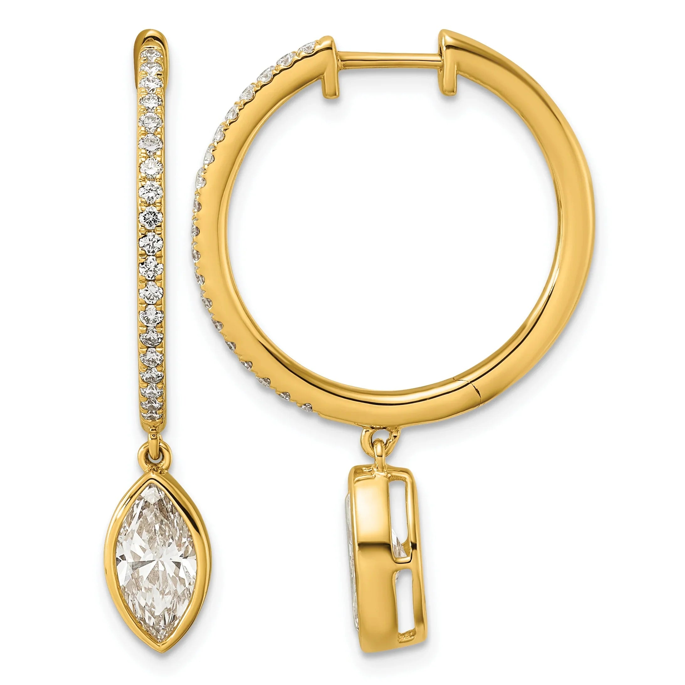 14k Yellow Gold Marquise Bezel Dangle Lab Diamond Hoop Earrings - Fine Diamond