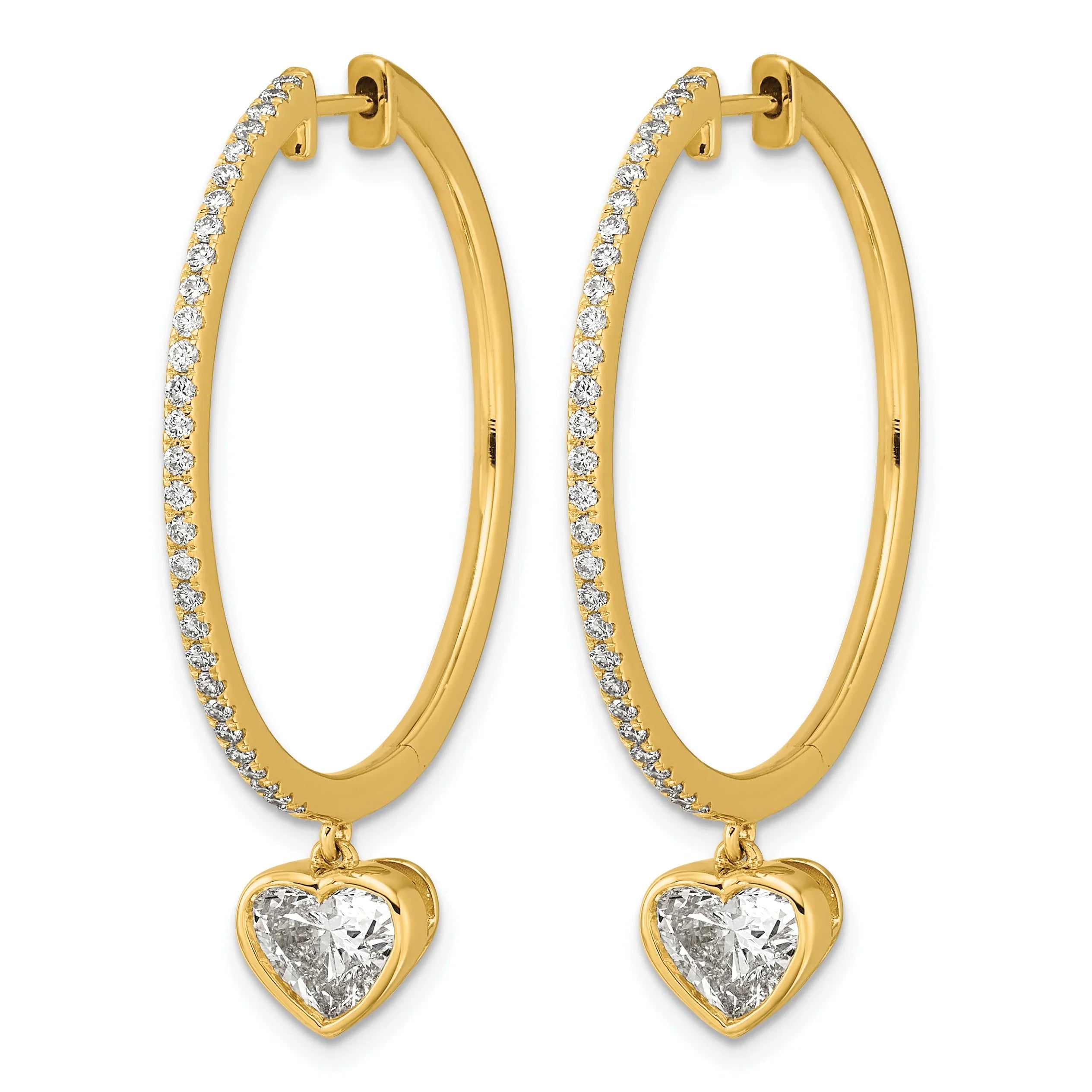 14k Yellow Gold Heart Bezel Dangle Lab Diamond Hoop Earrings - Fine Diamond