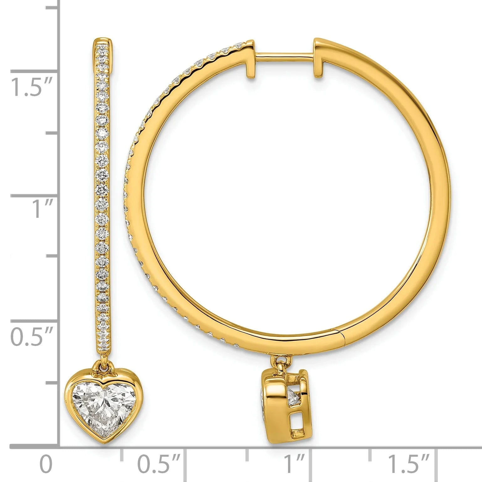 14k Yellow Gold Heart Bezel Dangle Lab Diamond Hoop Earrings - Fine Diamond