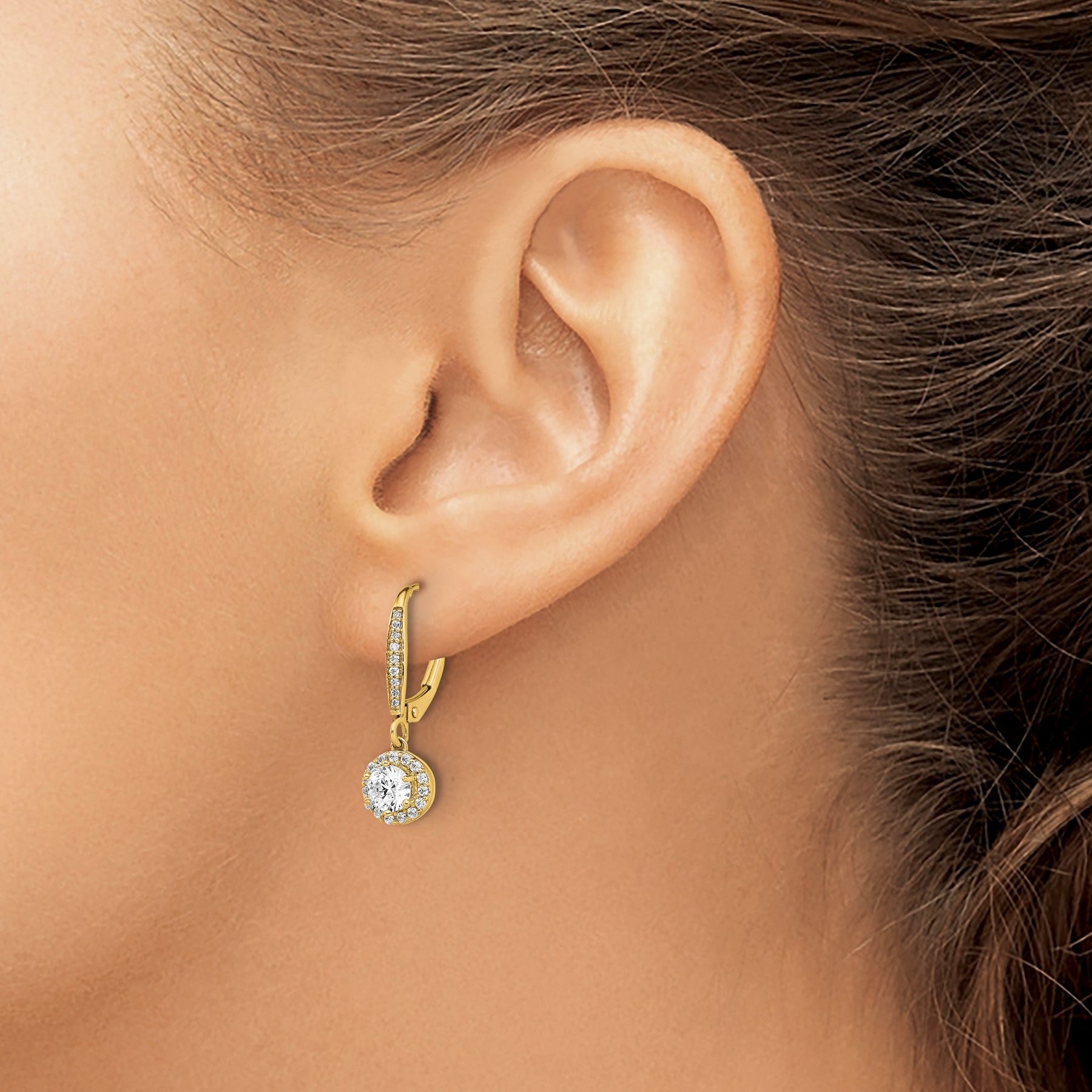 14k Gold Lab Diamond Halo Drop Leverback Earrings