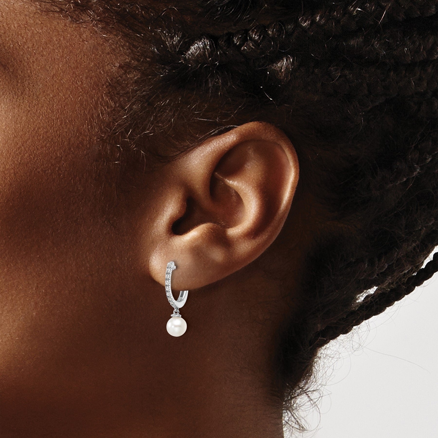14k White Gold Lab Grown Diamond Pearl Hinged Hoop Earrings