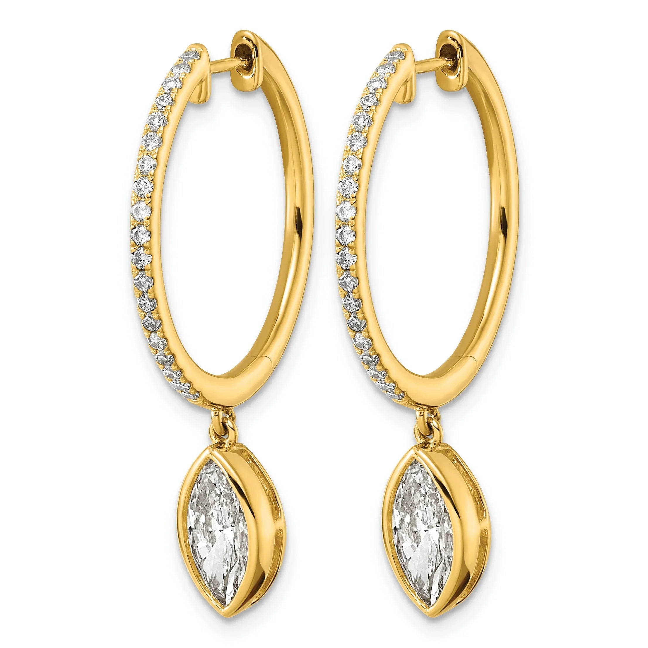 14k Yellow Gold Marquise Bezel Dangle Lab Diamond Hoop Earrings - Fine Diamond
