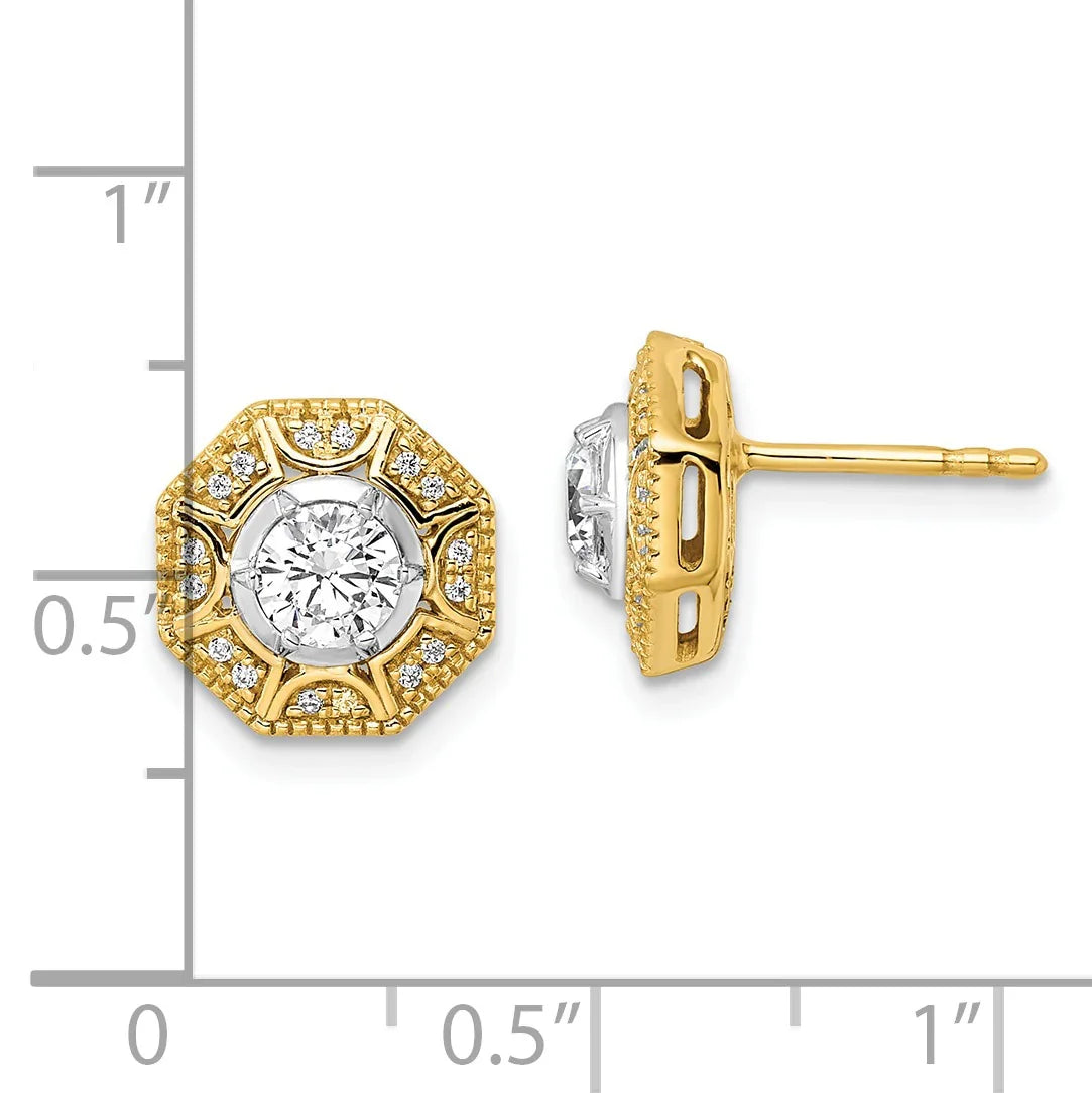 14K Two Tone Lab Grown Diamond Octogon Halo Post Stud Earrings - Fine Diamond