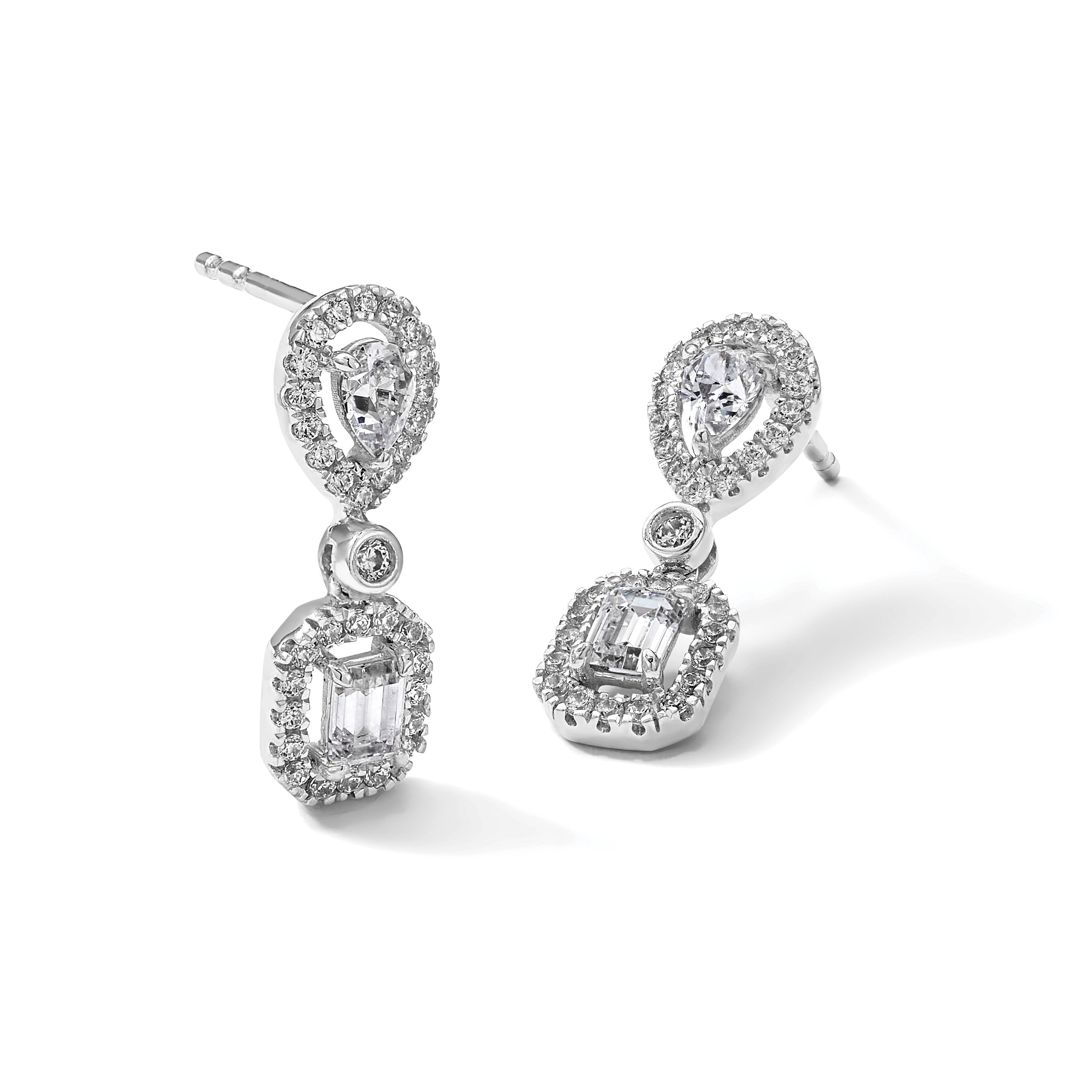 14k White Gold Lab Diamond Two Stone Dangle Halo Earrings