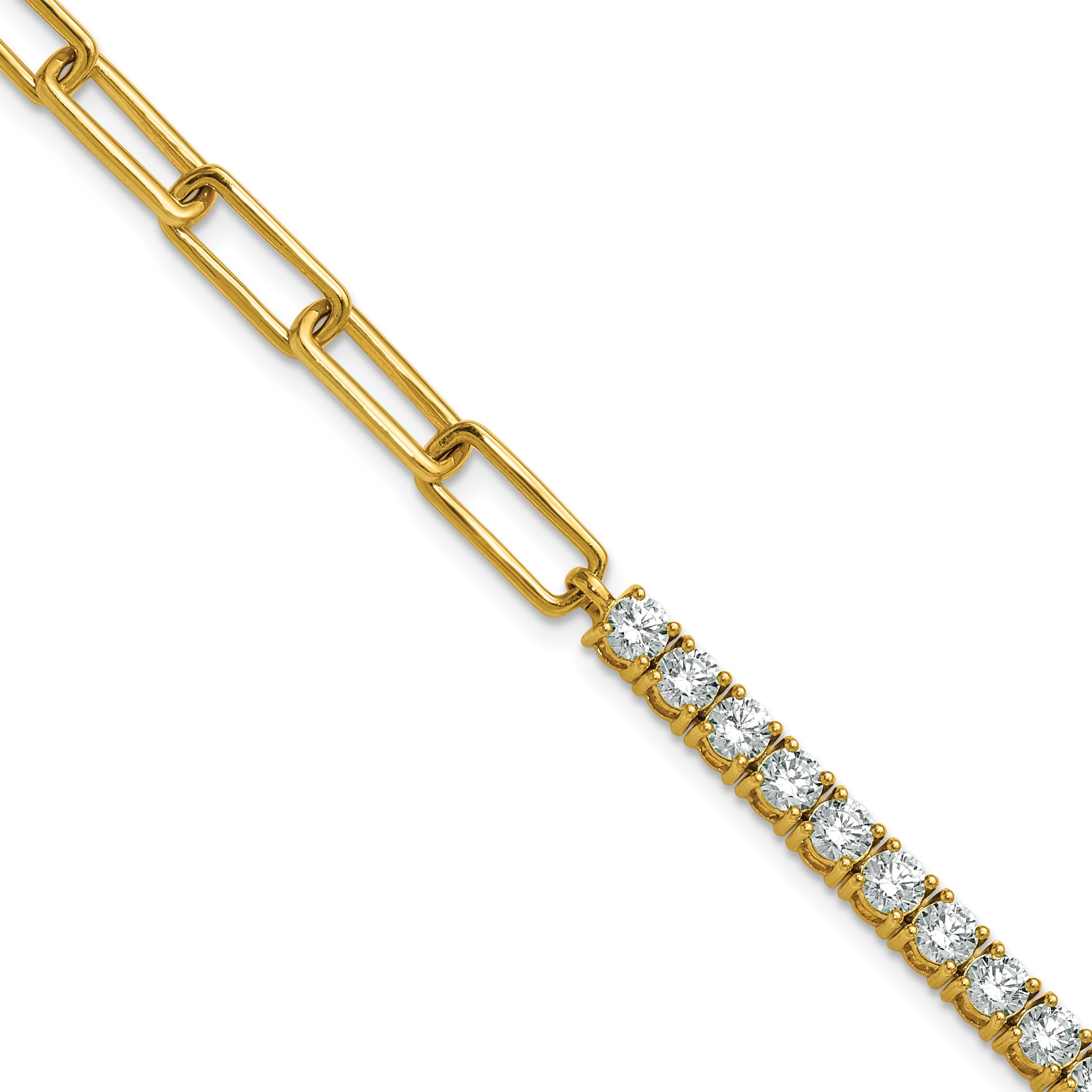 14K Gold Lab Grown Diamond Half Paperclip Fancy Link Bracelet