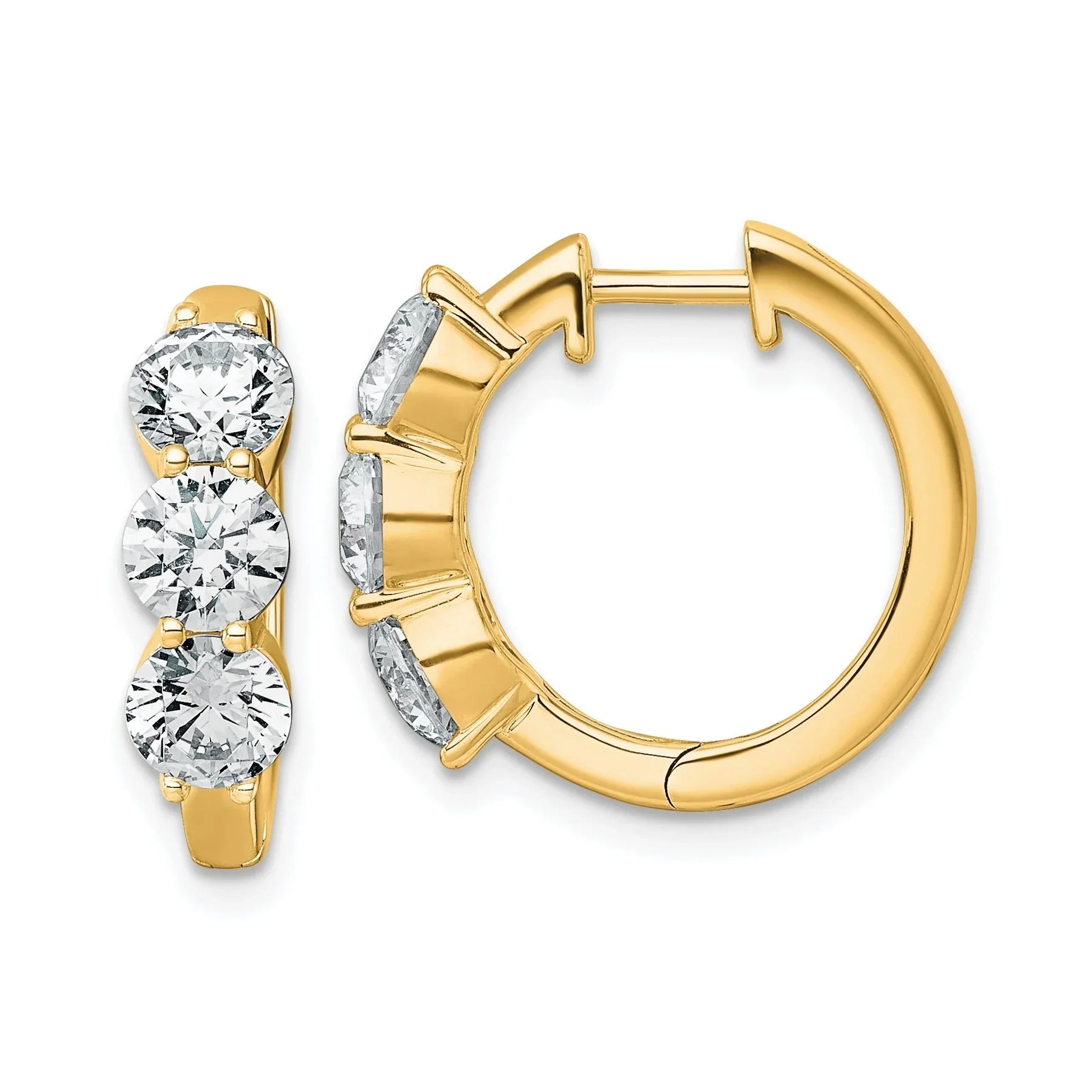 14K Yellow Gold Lab Grown Diamond Three Stone Hinged Hoop Earrings - Fine Diamond