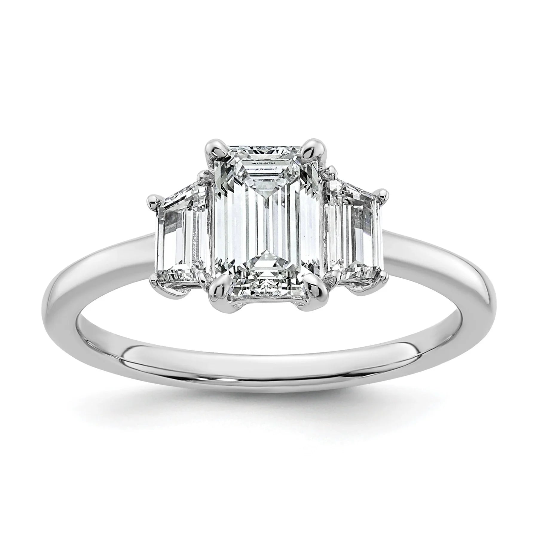 14k White Gold Diamond Emerald and Trapezoid 3-Stone Bridal Rings - Fine Diamond