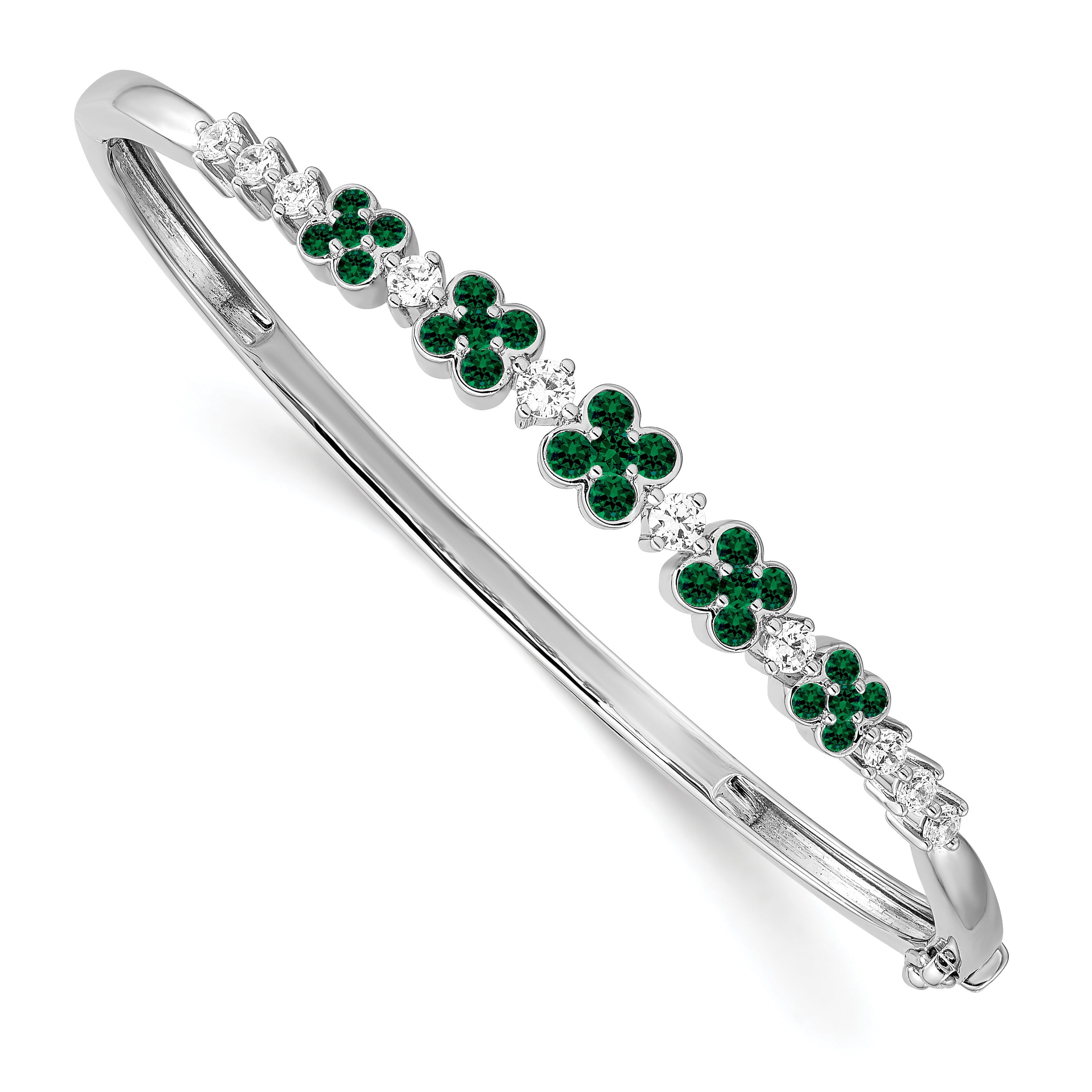 14K White Gold Lab Grown Diamond Created Emerald Bangle Bracelet