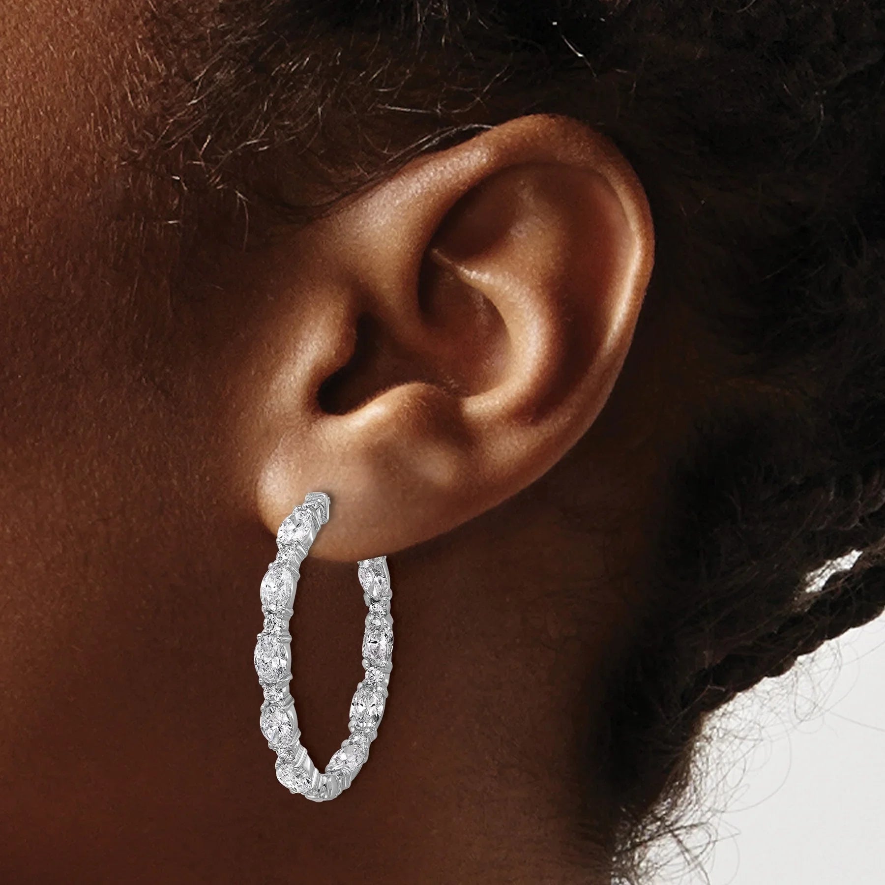 14K White Gold Lab Grown Diamond Oval In and Out Hoop Earrings - Fine Diamond