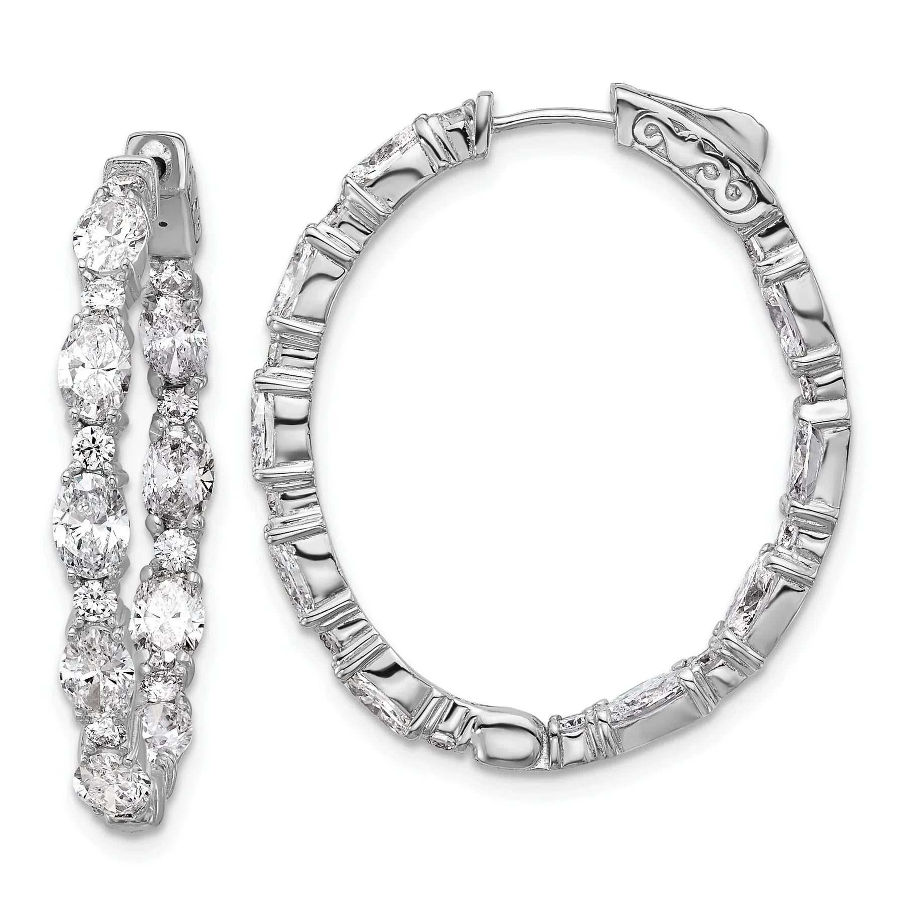 14K White Gold Lab Grown Diamond Oval In and Out Hoop Earrings - Fine Diamond