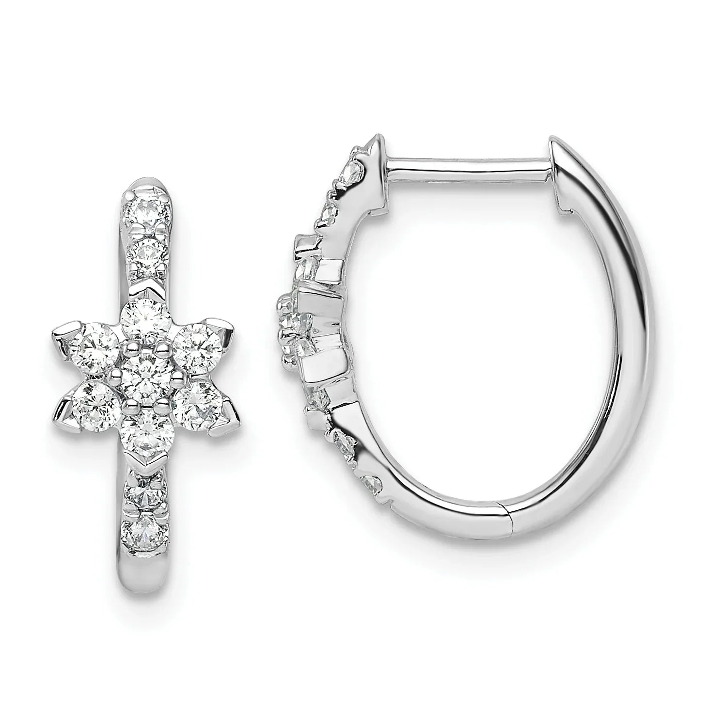 14K White Gold Lab Grown Diamond Flower Hinged Hoop Earrings - Fine Diamond