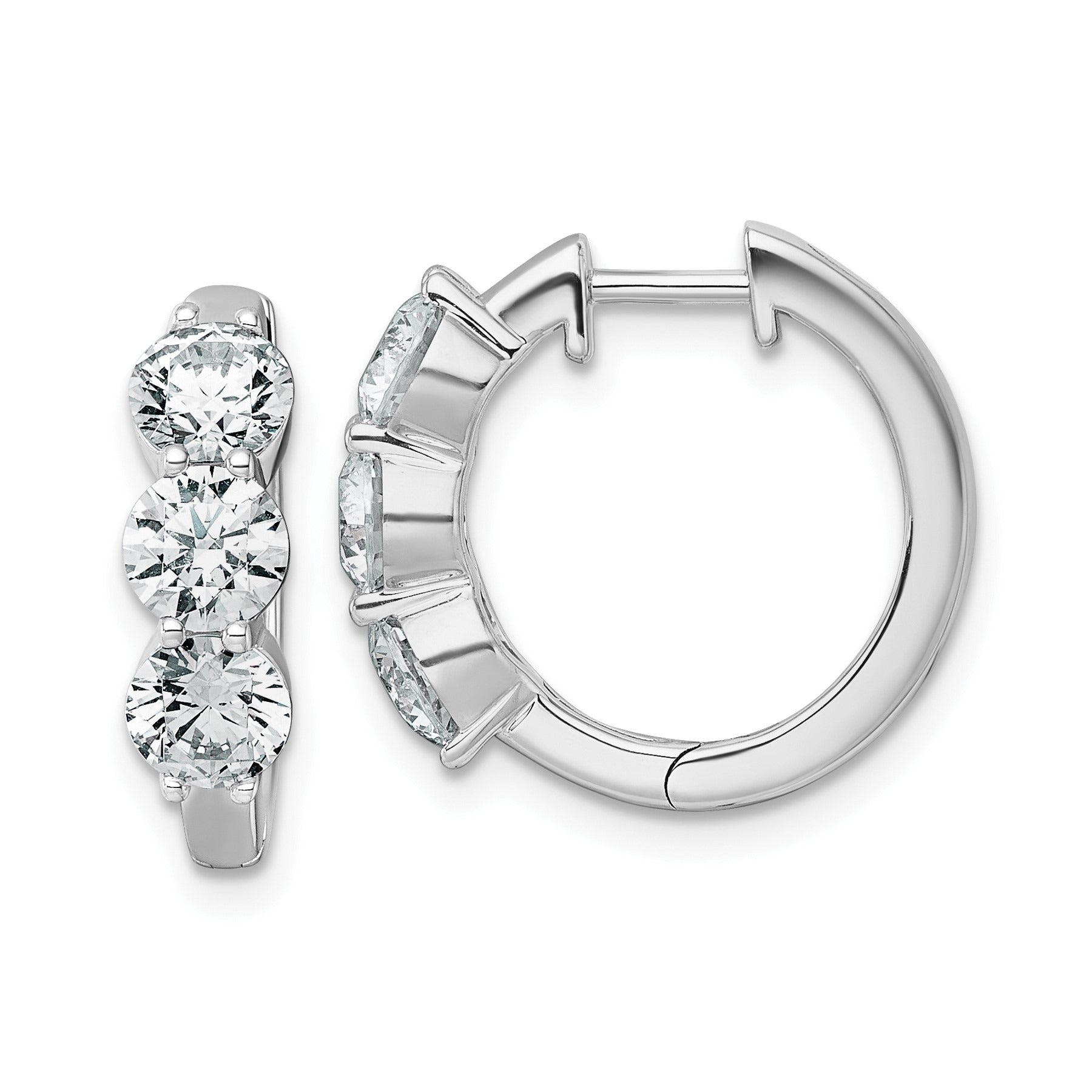 14k White Gold Lab Grown Diamond Three Stone Hinged Hoop Earrings 3 Ct