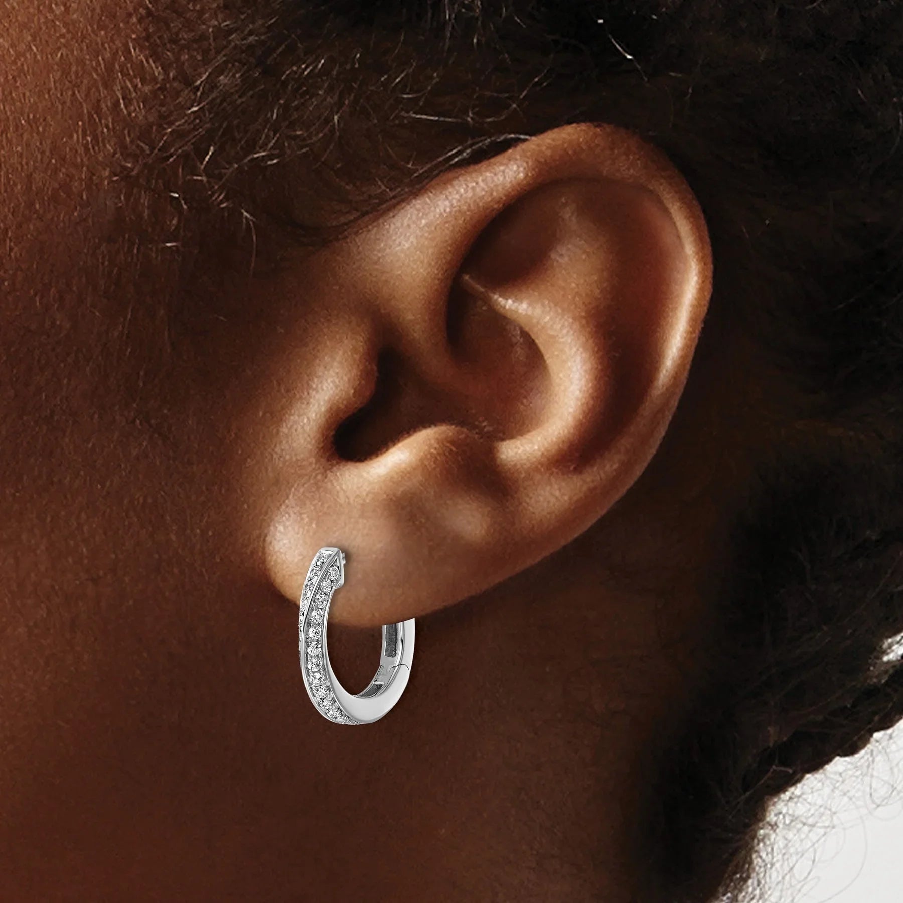 14K White Gold Lab Grown Diamond Twisted Hinged Hoop Earrings - Fine Diamond