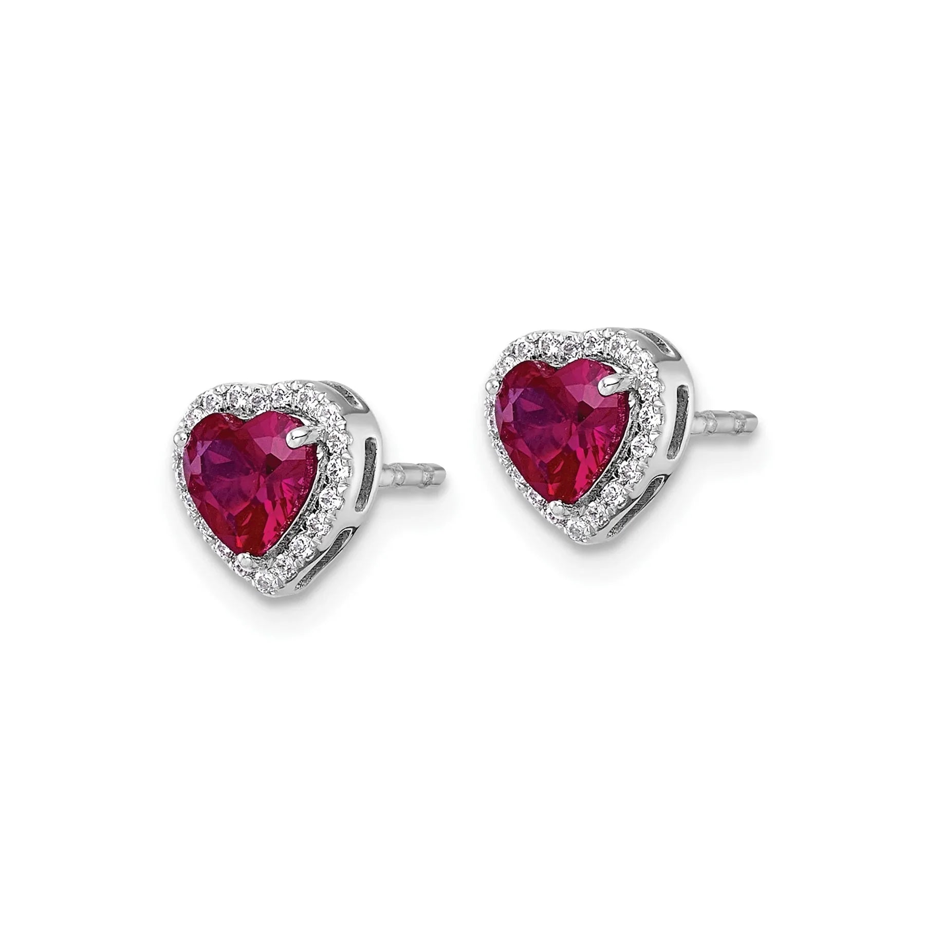 14k White Gold Lab Grown Diamond and Ruby Heart Stud Earrings - Fine Diamond