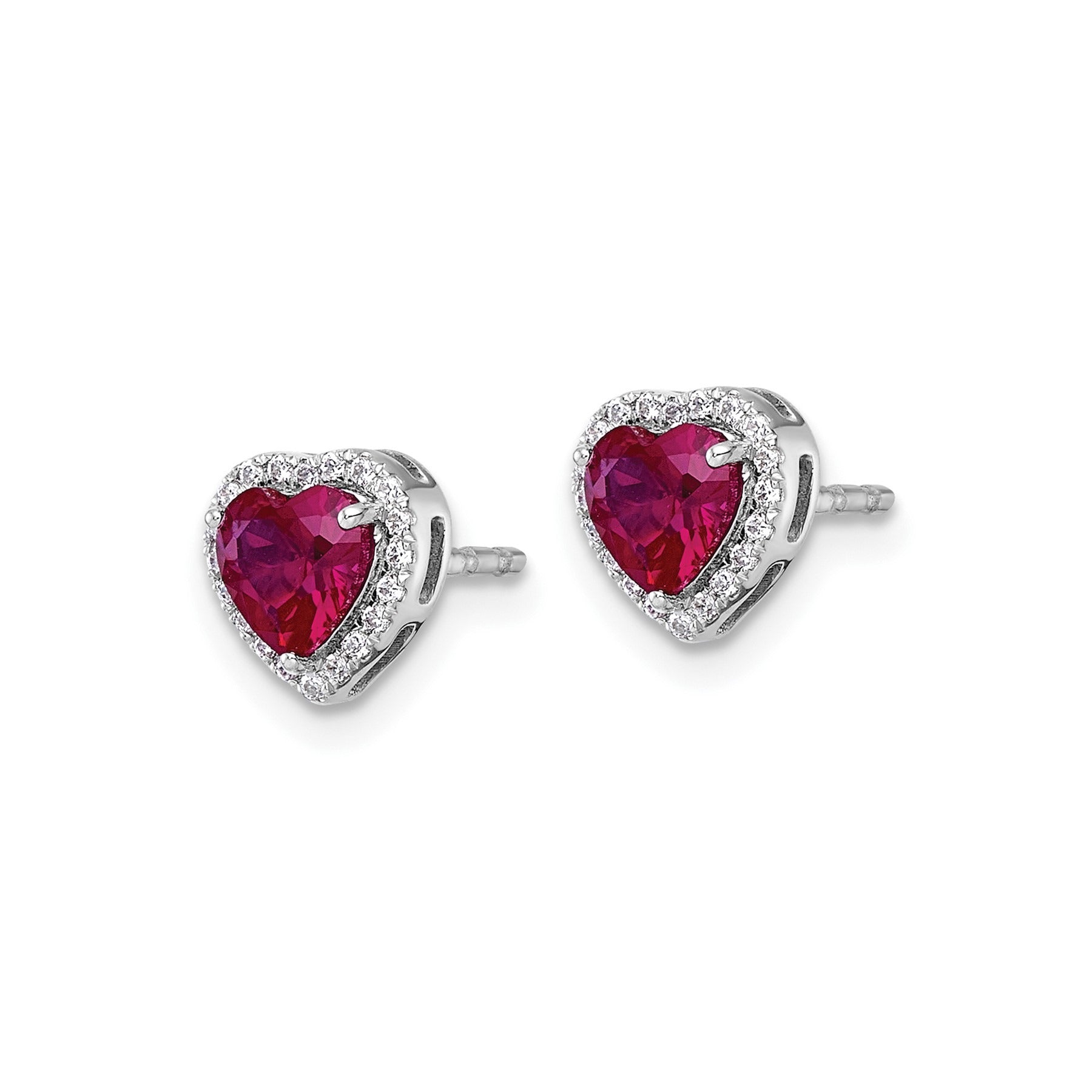 14k White Gold Lab Grown Diamond and Ruby Heart Stud Earrings 0.12 Ct