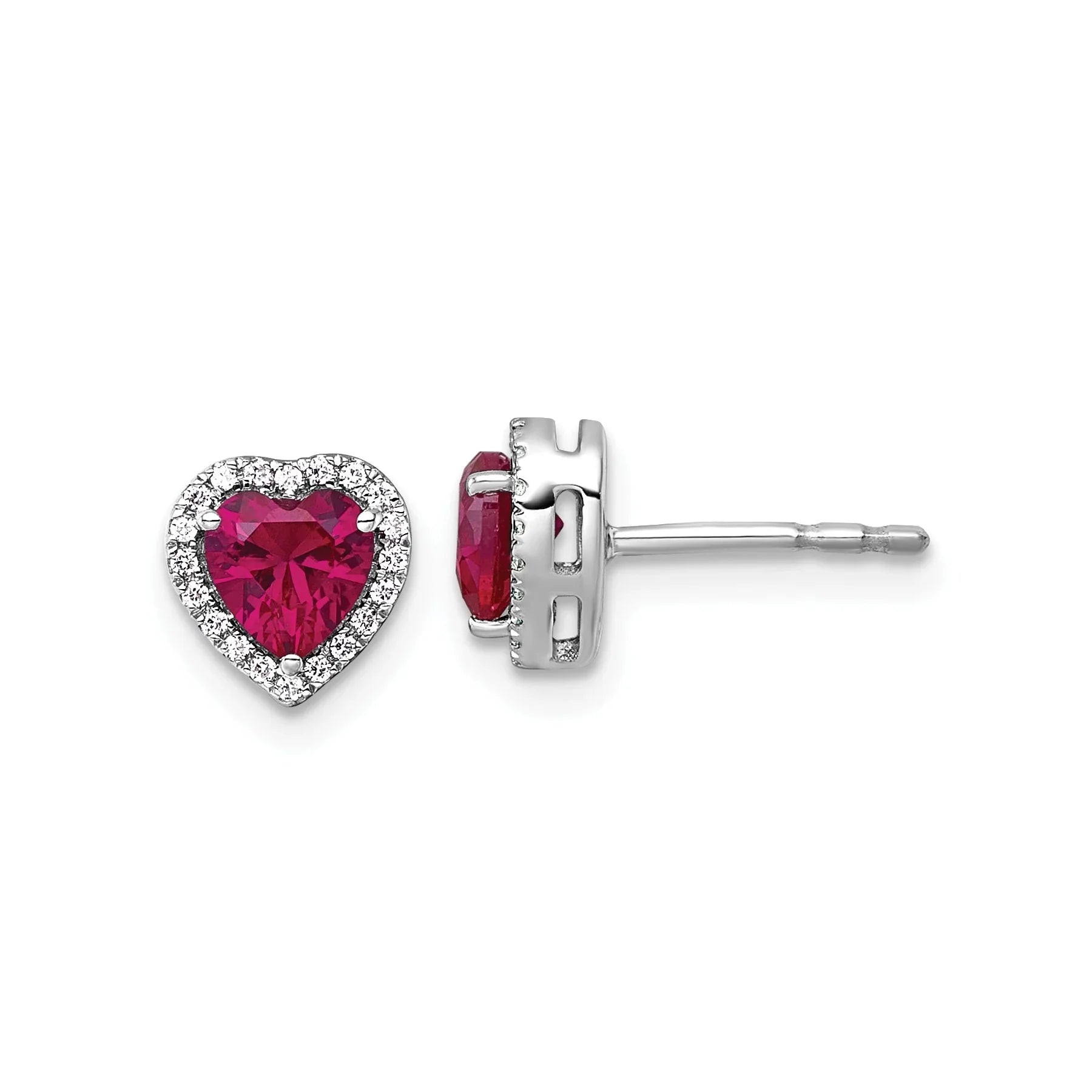 14k White Gold Lab Grown Diamond and Ruby Heart Stud Earrings - Fine Diamond