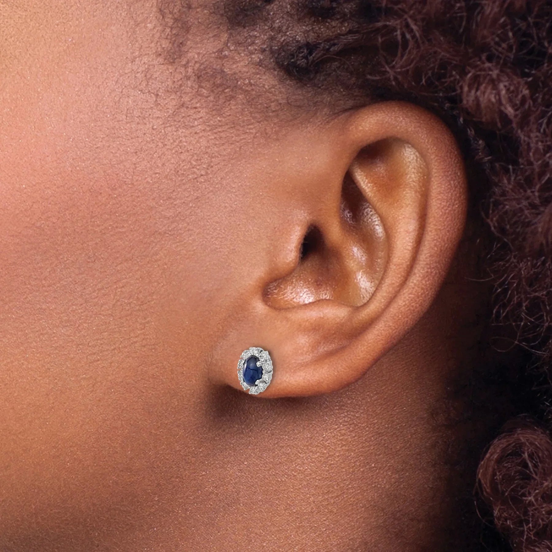 14K White Gold Lab Grown Diamond Oval Sapphire Halo Earrings 0.2 Ct. - Fine Diamond