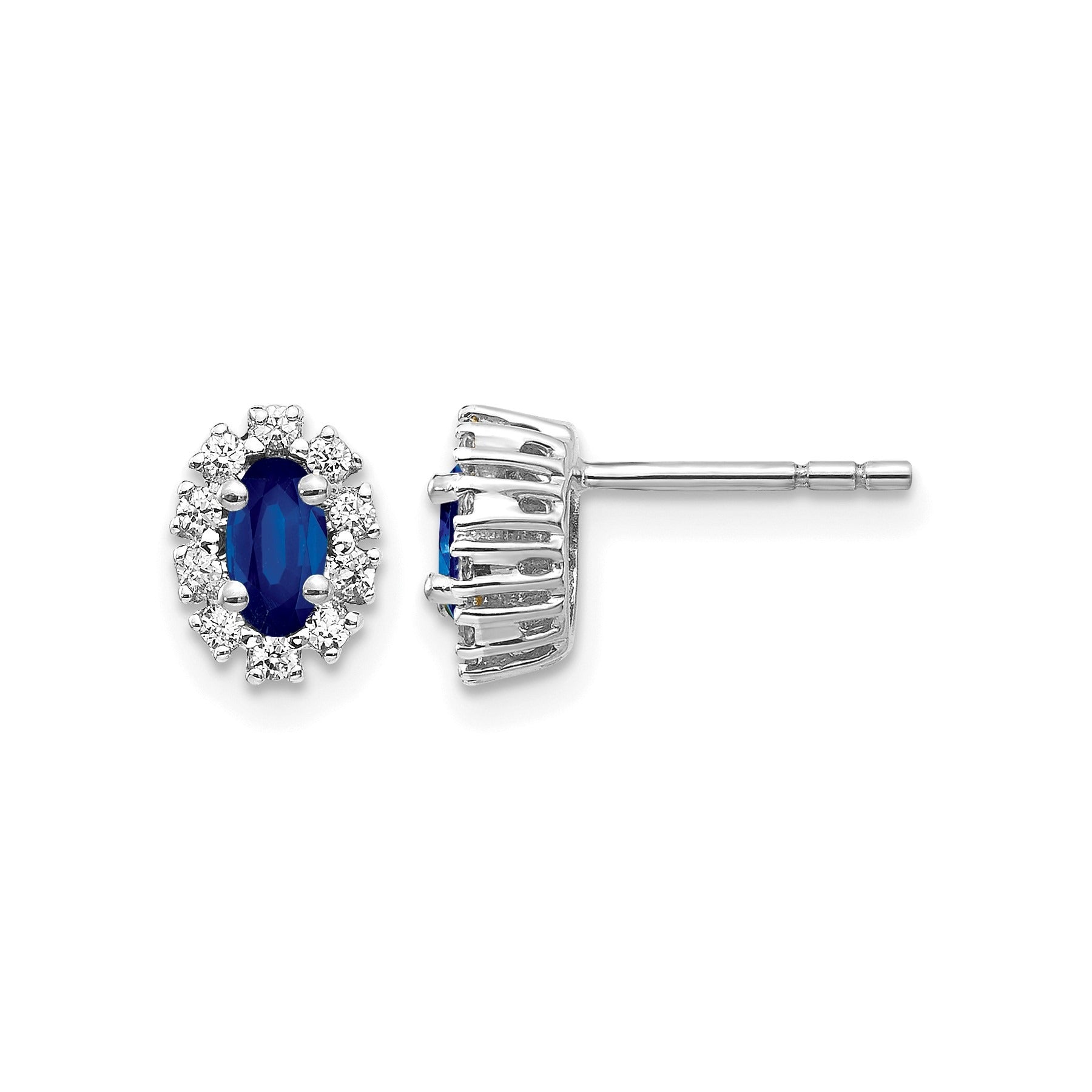 14K White Gold Lab Grown Diamond Oval Sapphire Halo Earrings 0.2 Ct.